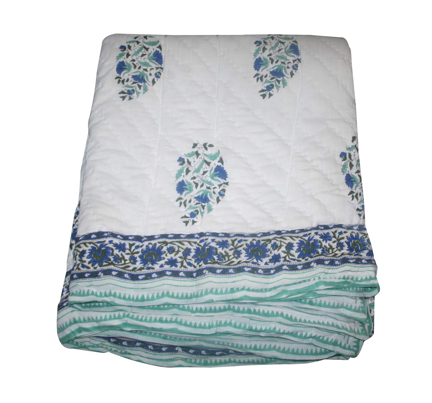 Handmade Indian Block Print Kantha Quilt - 100% Pure Cotton Jaipuri Throw Blanket (108x108 Inches King Size) - Perfect for Bedding, Sofa Decor & Boho Home Styling