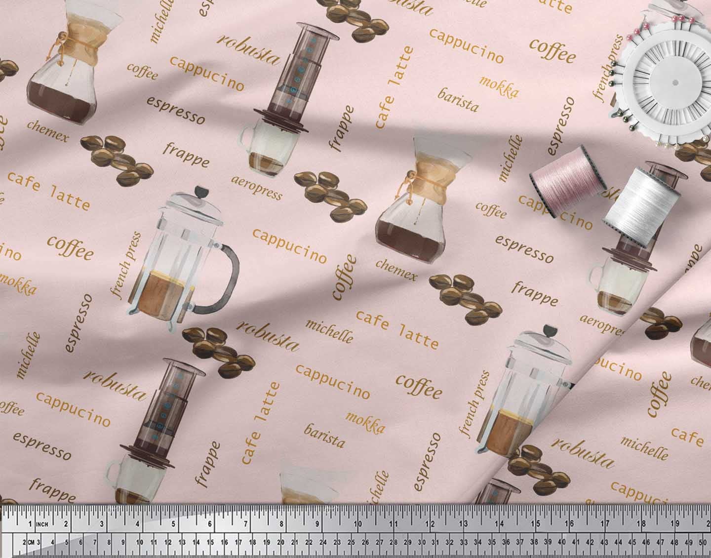 Soimoi 42 Inch Wide Pink Silk Fabric by The Yard - Printed Text & Coffee Maker Design - Contemporary Material for DIY Sewing, Upholstery & Home Decor - Perfect for Kitchen Curtains, Table Runners & Caffeine-Themed Crafts