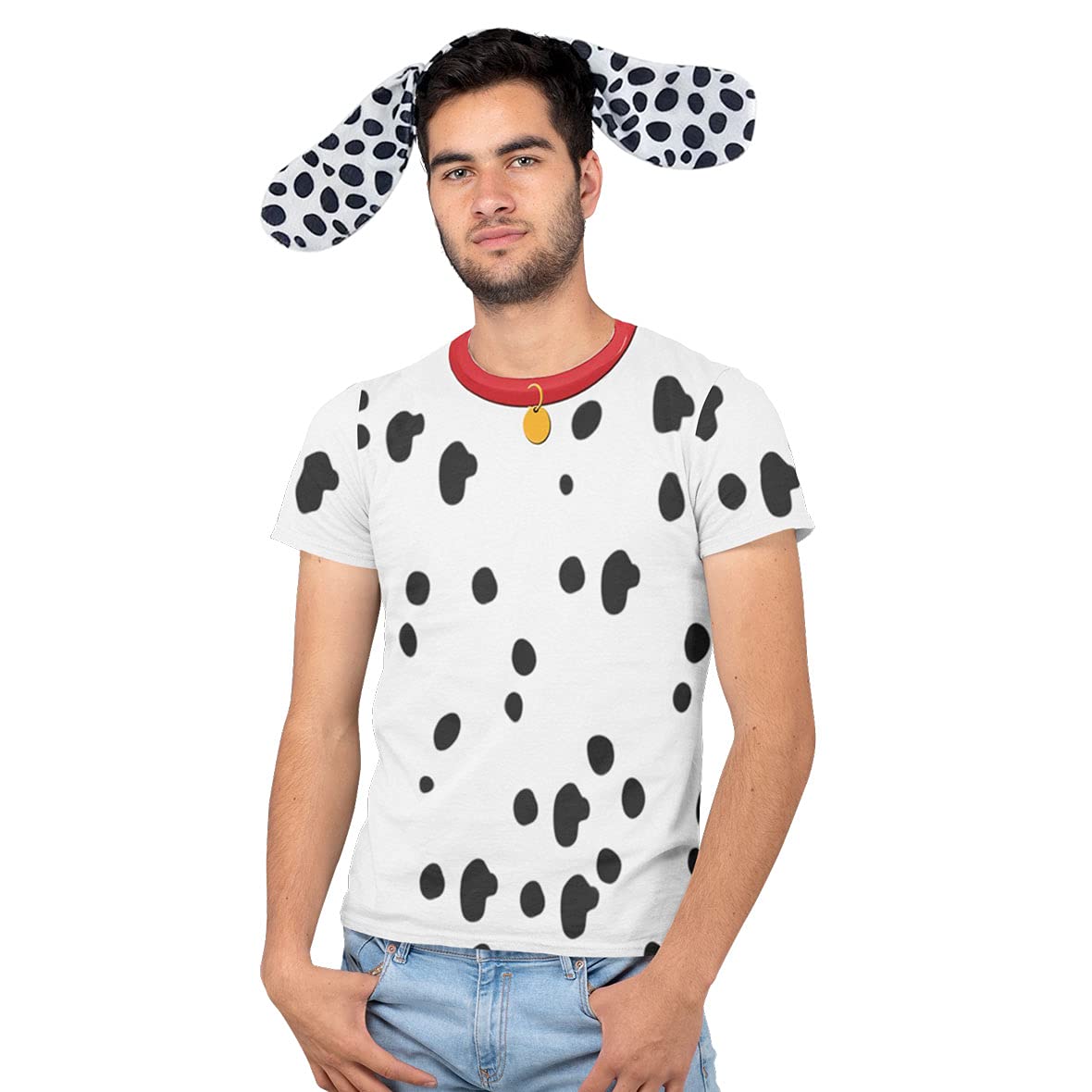 Halloween Costume Dalmatian Dog T-Shirt for Men with Red Collar & Dog Ears Headband - Fun Party Outfit for Halloween, Cosplay, and Pet Lovers