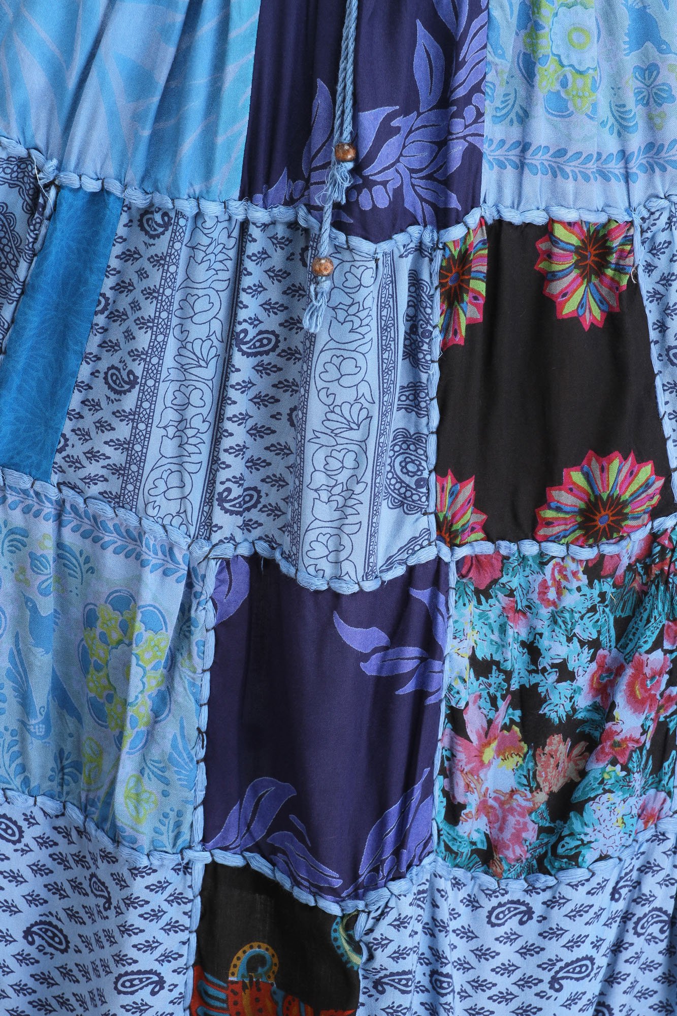 Stylish Long Printed Dori Skirt from Gujarat with Exquisite Patch Work - Comfortable Rayon Fabric - Perfect for Boho Fashion, Festivals & Summer Outfits