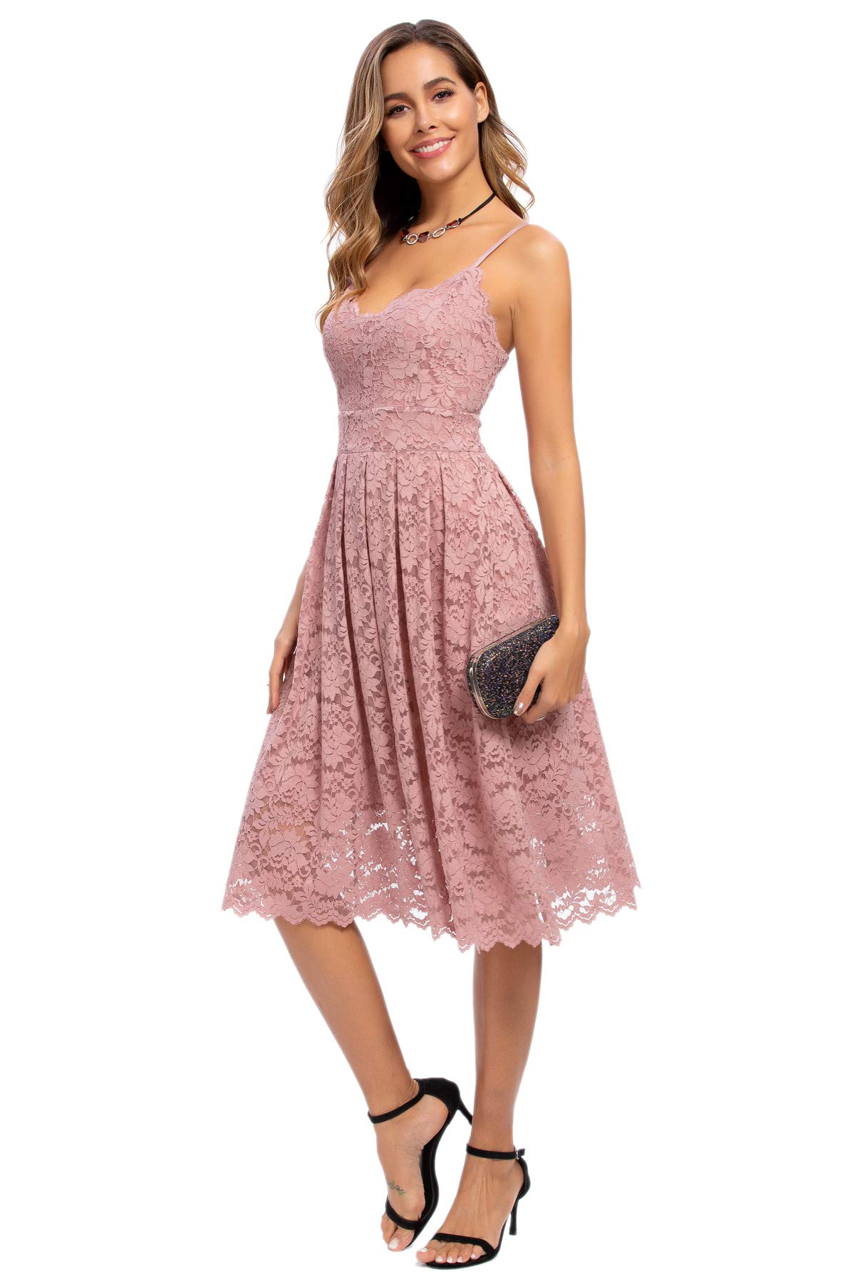 ATNLEWHI Women's Spaghetti Strap V-Neck Sleeveless A-Line Lace Dress for Evening, Cocktail Party, Formal Wedding Guest - Elegant Summer Dress for Date Night & Special Occasions