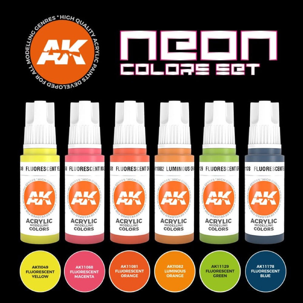 AK Interactive AK11610 Neon Colors Set (3rd Generation) - 6 Vibrant Acrylic Paints for Scale Models, Miniatures & Cosplay - Perfect for Warhammer, Gundam & Custom Airbrush Projects