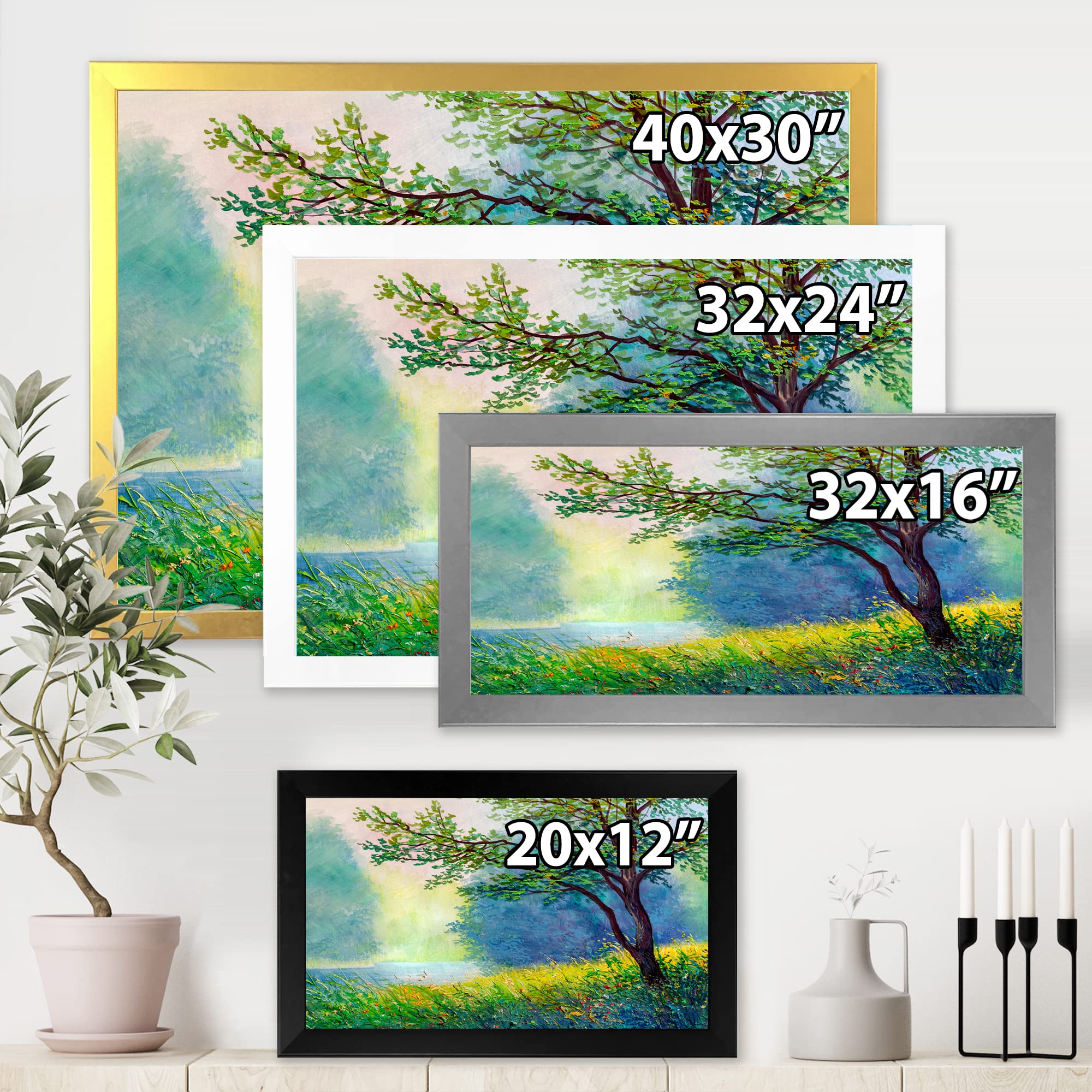 DesignQ Summer Forest With River and Waterfall Traditional Framed Wall Art - Nature Landscape Canvas Painting for Living Room, Bedroom & Office Decor