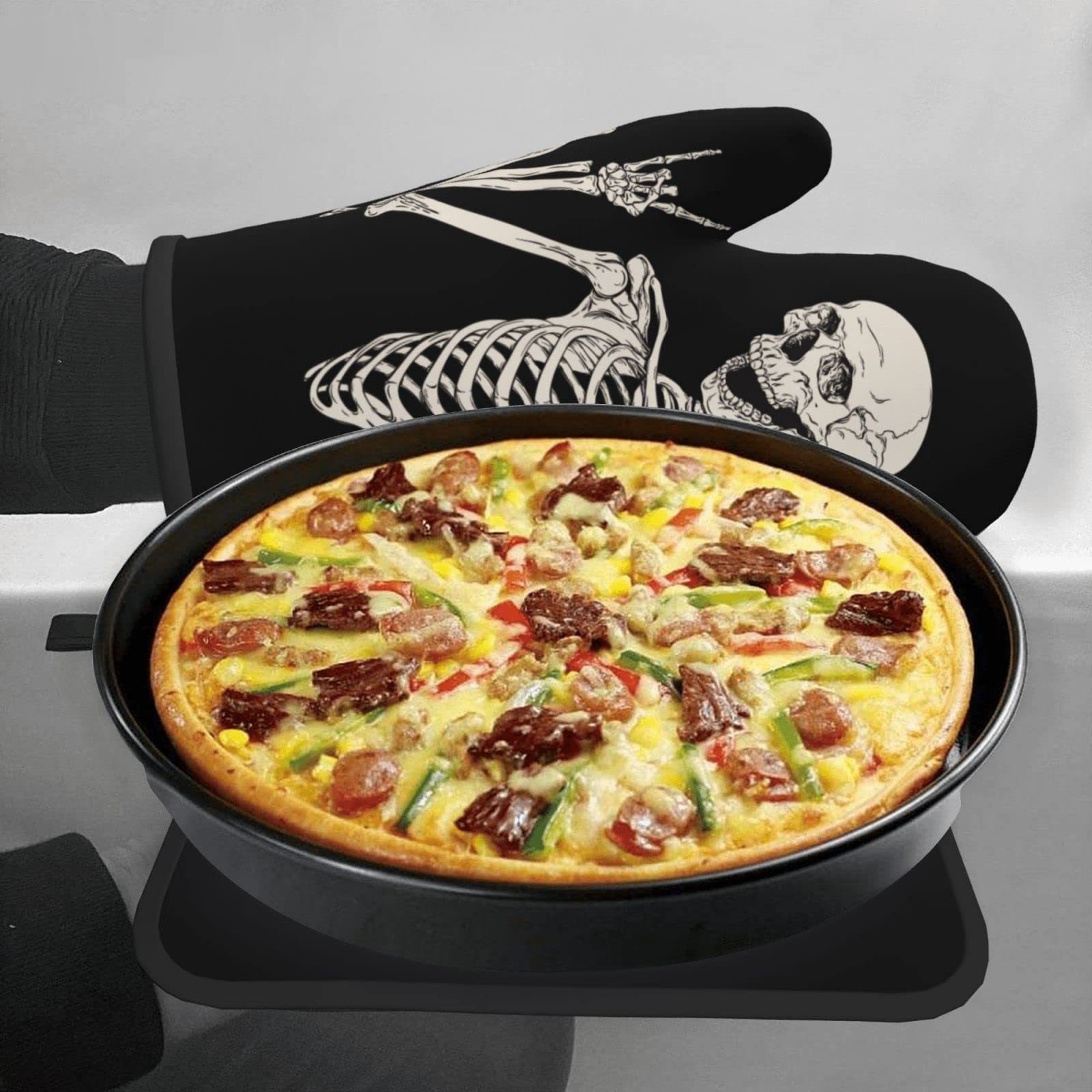 Skeleton Skull Boho Hippie Oven Mitts and Pot Holders Set - Heat Resistant Kitchen Gloves for Baking, Cooking, BBQ & Grilling - Durable & Stylish Hand Protection for Hot Pans & Dishes