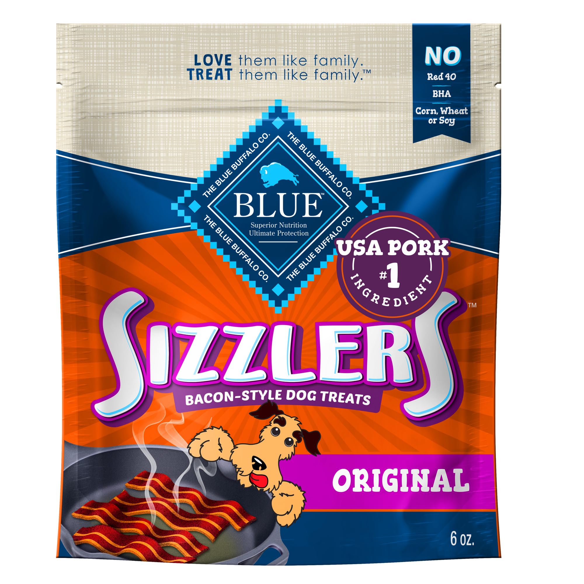 Blue Buffalo Sizzlers Natural Soft Dog Treats with Real USA Pork - Bacon Flavor, 6oz Bag - Healthy Training Rewards & Snacks for Dogs