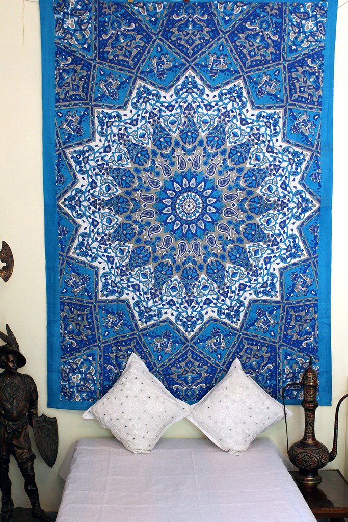 Blue Mandala Tapestry - Indian Cotton Printed Wall Hanging Decor for Bedroom, Living Room, Yoga Studio - Bed Sheet, Throw Blanket, Room Divider & Boho Wall Art - Perfect for Meditation Spaces, Dorm Decor & Bohemian Home Decorating