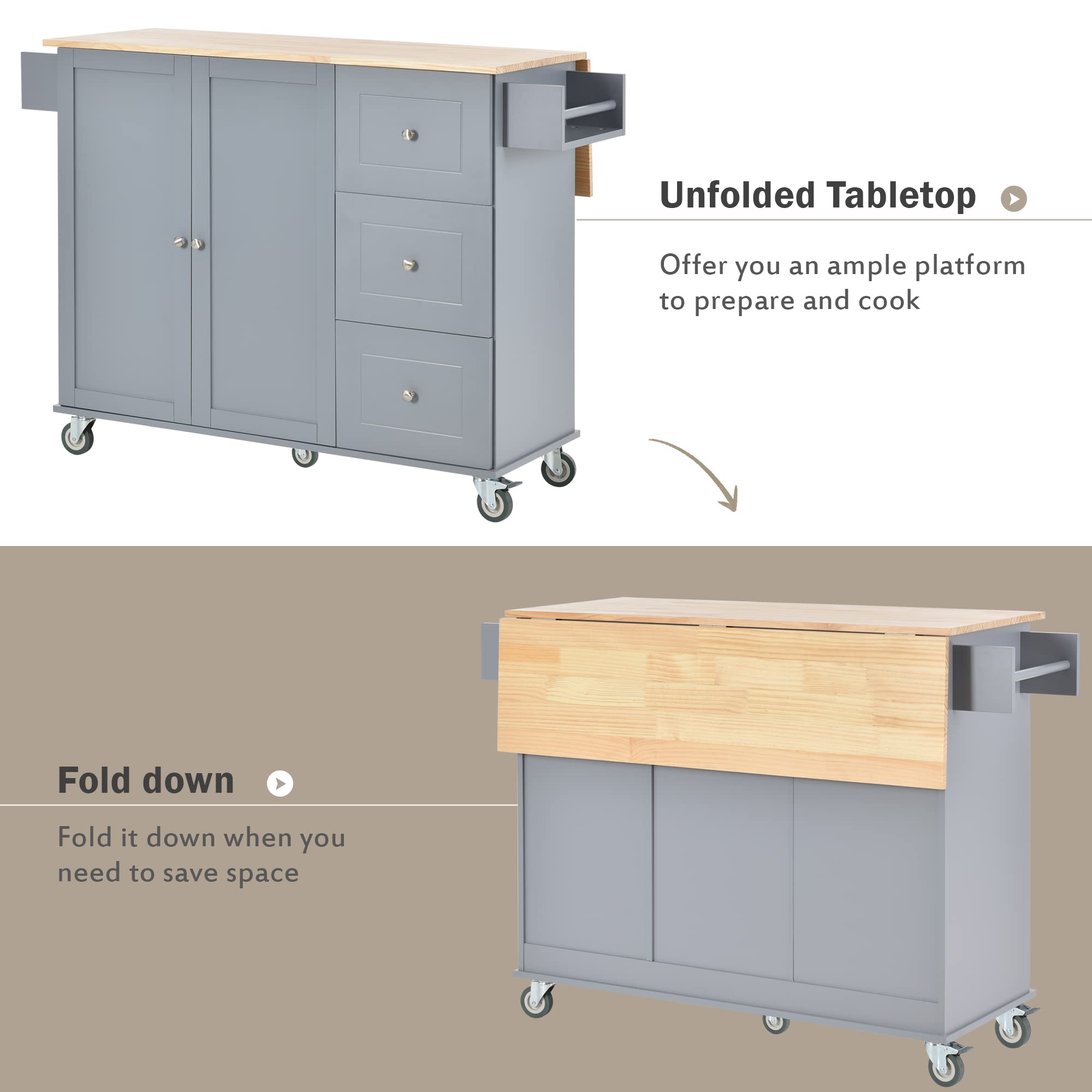 HABITRIO Multi-Functional Kitchen Island Cart with Cabinet, Storage Drawers & Spice Rack - Extendable Solid Wood Table Top, Wheels, Dusty Blue - Perfect for Small Kitchens, Dining Areas & Home Organization