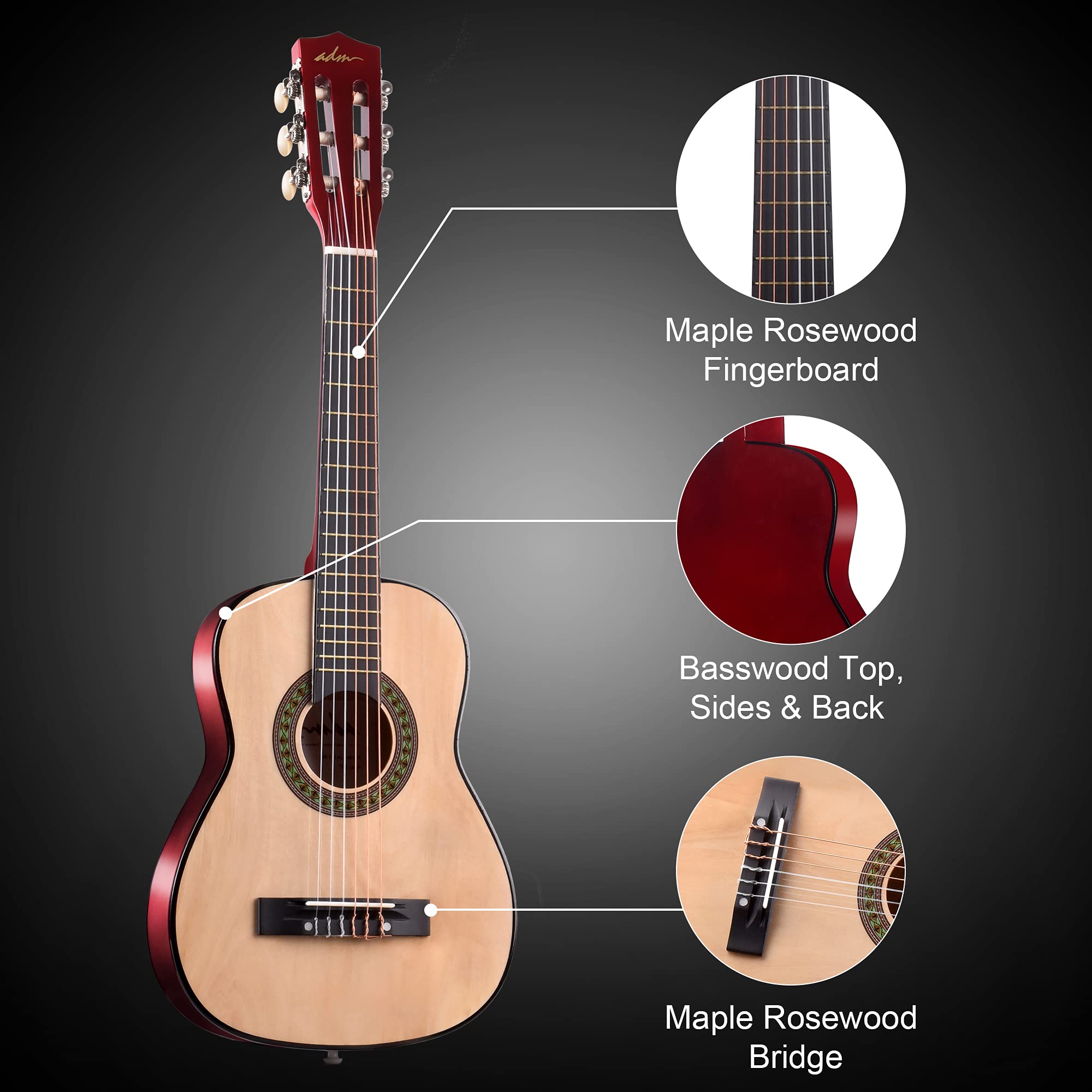 ADM 30 Inch Beginner Acoustic Classical Guitar with Nylon Strings - Wooden Guitar Bundle Kit for Kids, Boys, Girls & Students (Includes Gig Bag, Strap, Tuner, Extra Strings, Picks) - Perfect for Home Practice, Music Lessons & Youth Performances