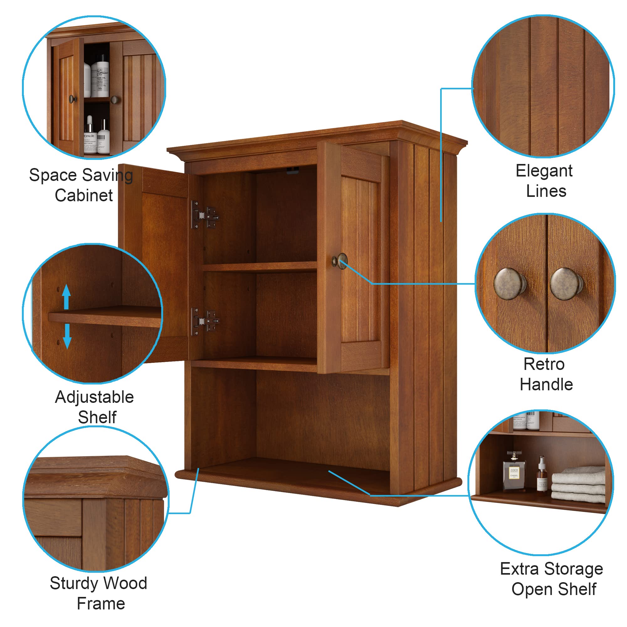 Rustic Wood Wall Mounted Cabinet with Adjustable Shelf - Bathroom Medicine Storage, Kitchen Cupboard, Living Room Organizer - Reddish Brown | Perfect for Small Spaces & Home Decor