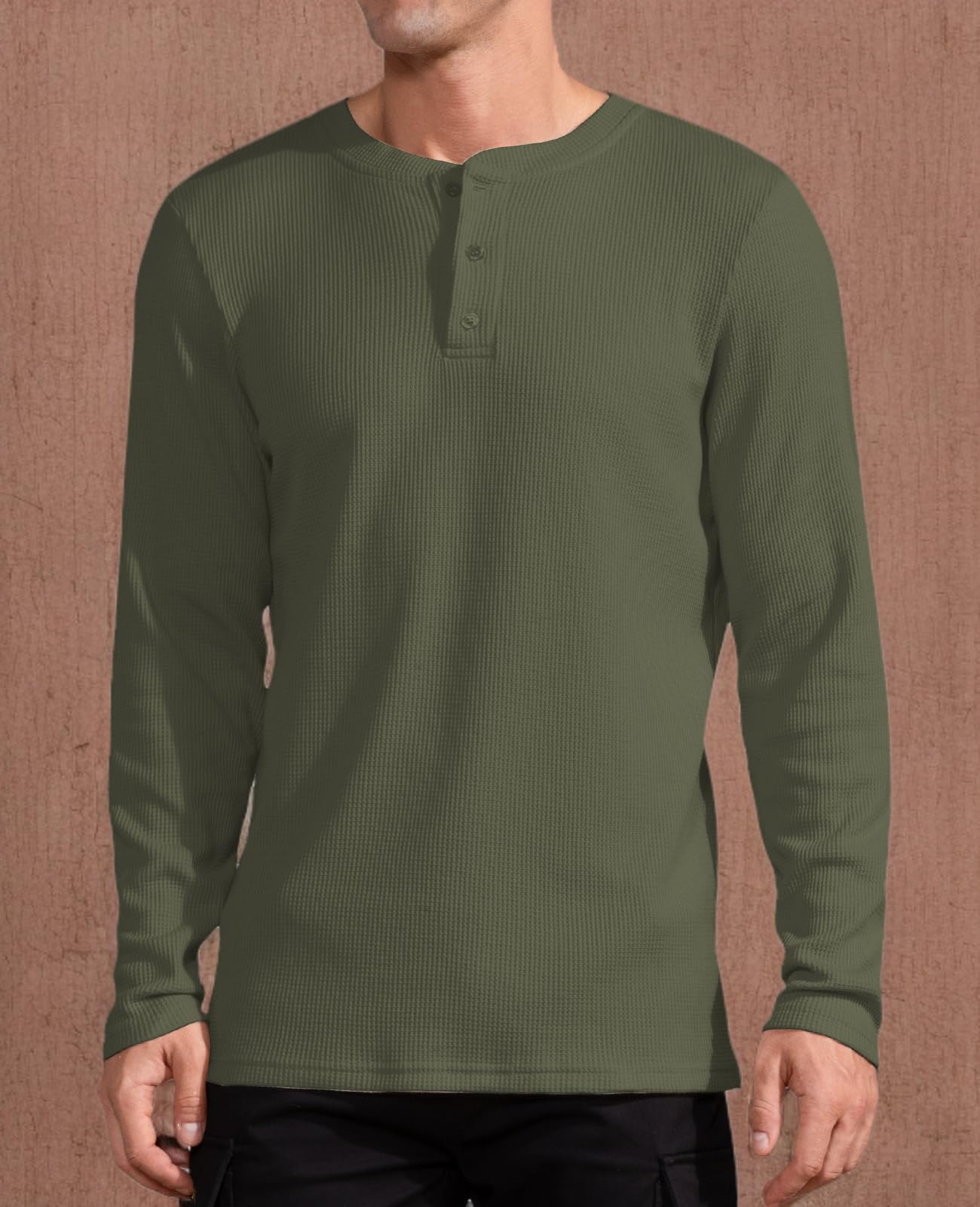 QUALFORT Men's Waffle Long Sleeve Henley Shirt - Soft Thermal Knit Top for Casual Wear, Outdoor Activities & Layering in Fall/Winter