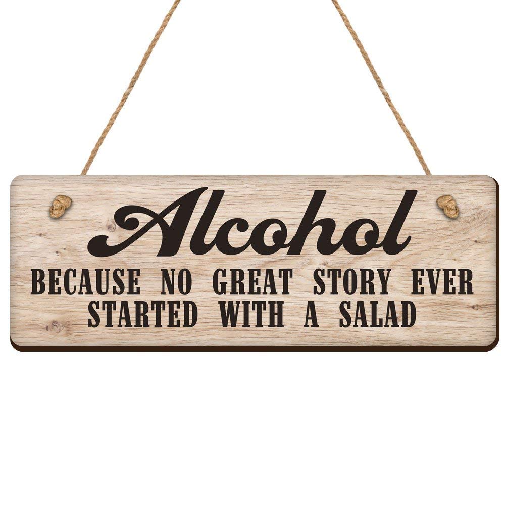 4X12 Wood Pallet Wall Art Sign Plaque with Funny Alcohol Quote - 'Because No Great Story Ever Started with A Salad' - Rustic Home Bar Decor for Man Cave, Pub, or Tavern