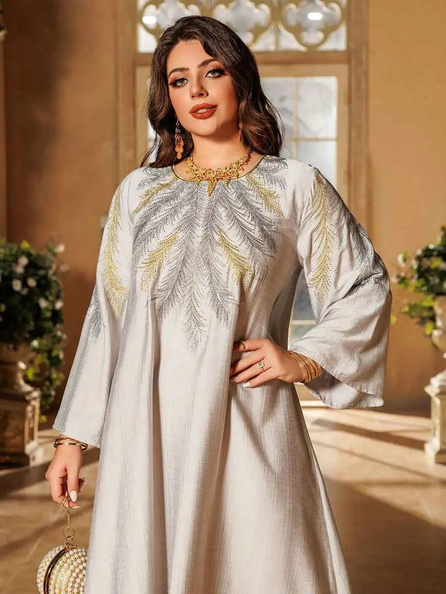 Elegant Eid Embroidered Hotfix Rhinestone Caftan Kaftan Dress for Women - Perfect for Holiday Parties, Weddings & Special Occasions