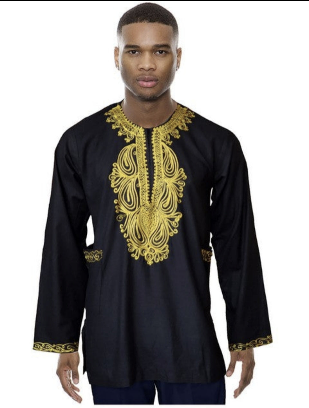 Black Cotton Long Sleeve Dashiki Shirt with Gold Embroidery - African Print Tunic Top DP3781LS | Perfect for Cultural Events, Weddings & Afrocentric Fashion