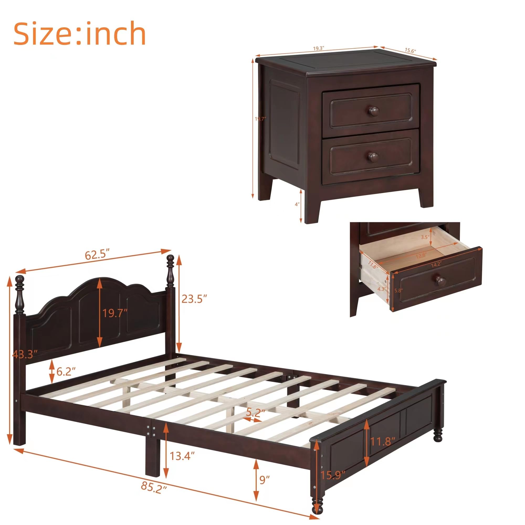 Merax Dark Walnut Modern Farmhouse Wood Queen Bed Frame Set with 2 Storage Nightstands - Easy Assembly Bedroom Furniture for Master Suite & Guest Room