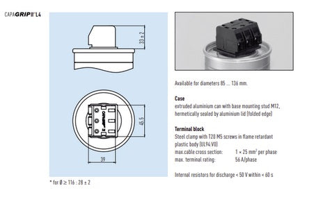 **275.289 714301/221K02 37.3KVAR 525V 50Hz 3 Phase Power Factor Correction Capacitor - 116 x 280(+15)mm Gas Filled, 3 x 143uF, Single Sided Terminals with Internal Discharge Resistors - Ideal for Industrial Electrical Systems & Energy Efficiency Solutions**