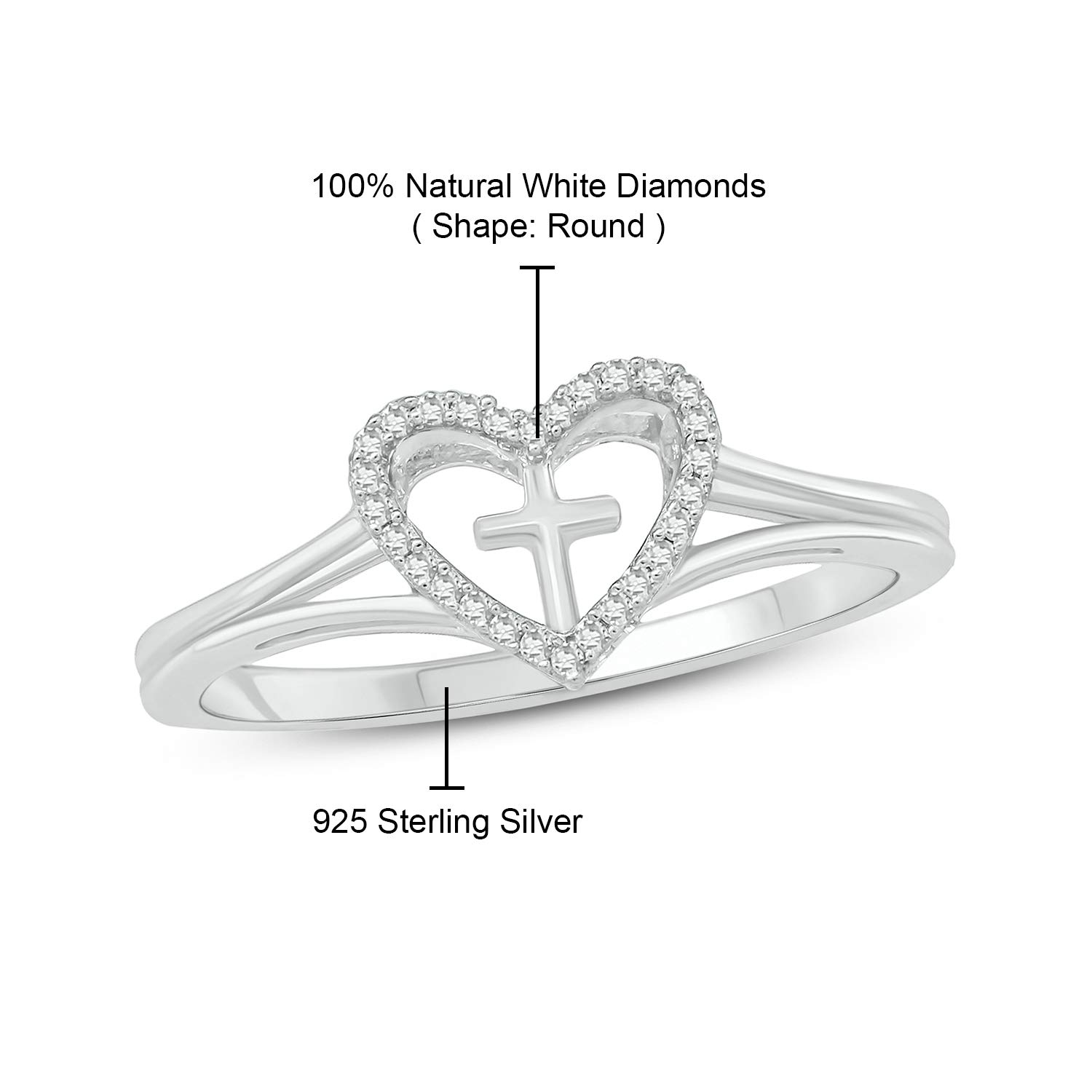 1/20 CT Natural Diamond Heart Cross Ring for Women - Elegant Religious Jewelry, Promise Ring & Thoughtful Gift for Her - Perfect for Valentine's Day, Anniversaries & Special Occasions
