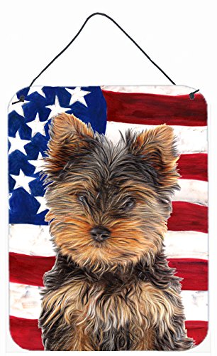 USA American Flag with Yorkie Puppy/Yorkshire Terrier Metal Wall Art - Aluminum Hanging Sign for Kitchen, Bar, Bathroom & Front Door Decor - Patriotic Home & Office Wall Plaque for Dog Lovers