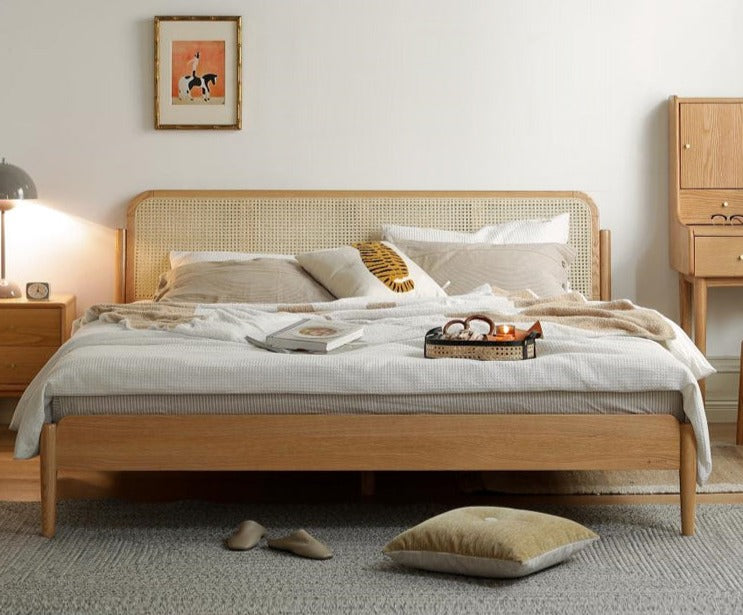 Solid Oak Wood Rattan Bed Frame - Queen Size, Natural Finish - Perfect for Bedroom, Guest Room & Farmhouse Decor