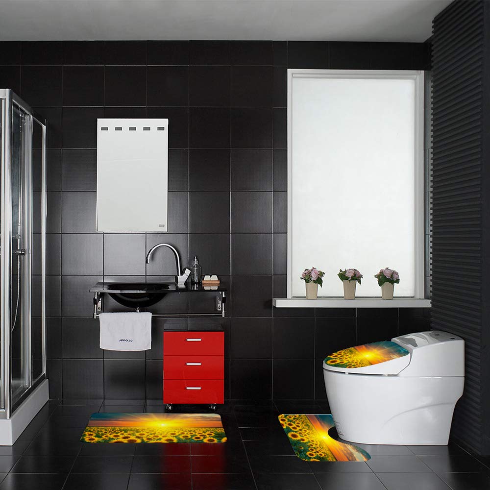 3-Piece Non-Slip Bathroom Rug Set - Ultra Soft Coral Fleece, Super Absorbent & Durable Bath Mats - Shower Carpet for Tub, Bedroom & Entryway - Sunflower Fields at Sunset Design - Perfect for Bathroom Safety, Cozy Home Decor & Gift Giving