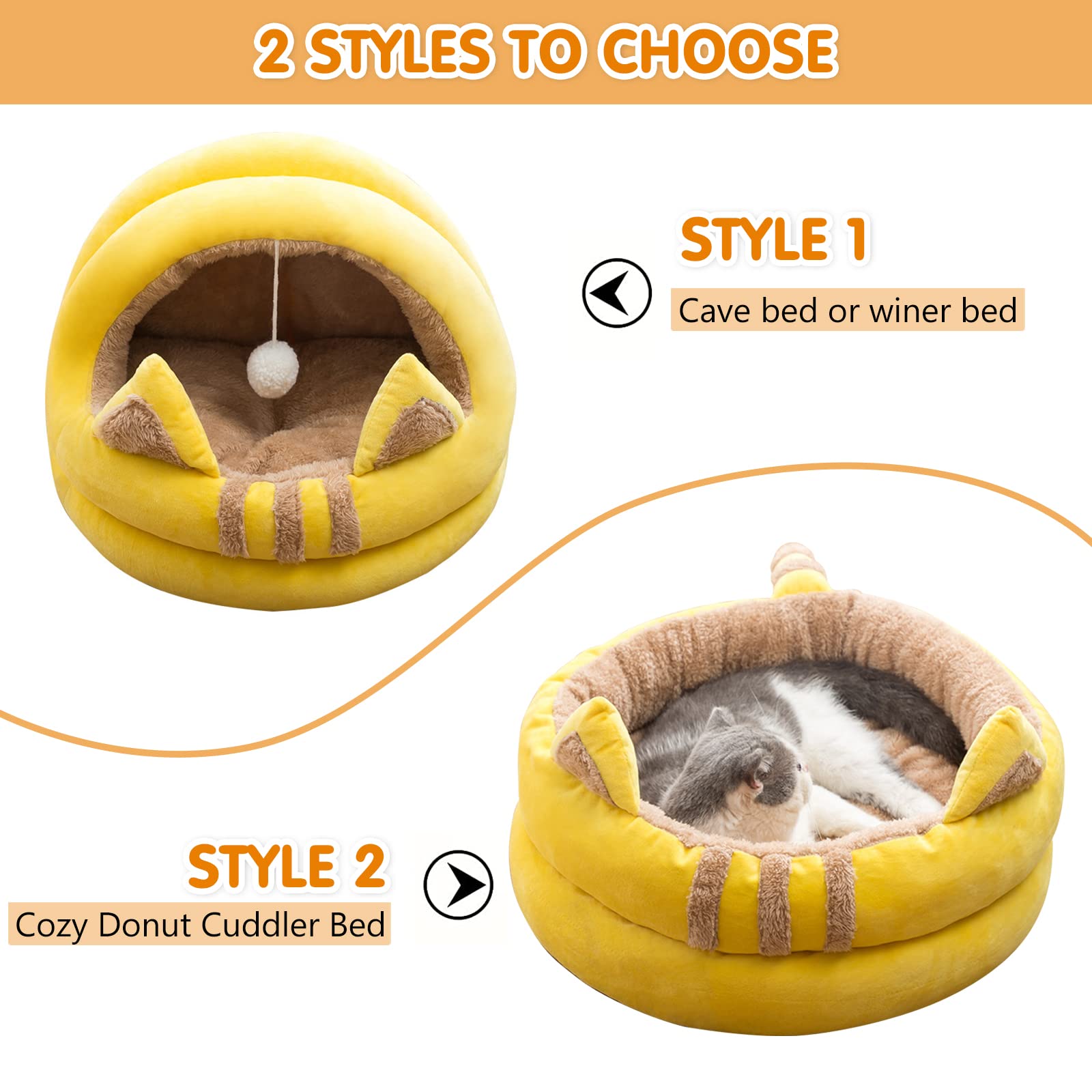 **Orthopedic Cat Bed for Indoor Cats - Soft, Washable & Anti-Slip Pet Cushion for Small, Medium & Large Dogs & Cats - Cozy Cat-Shaped Ear Cave with Hanging Toy - Perfect for Lounging, Napping & Playtime**