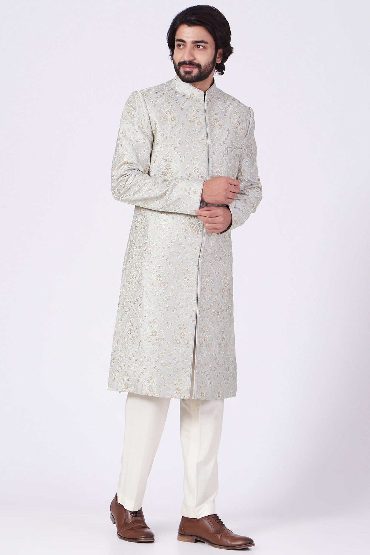 Elegant Mint Green Embroidered Sherwani for Men | Traditional Indian Wedding Outfit | Perfect for Grooms, Festivals & Special Occasions