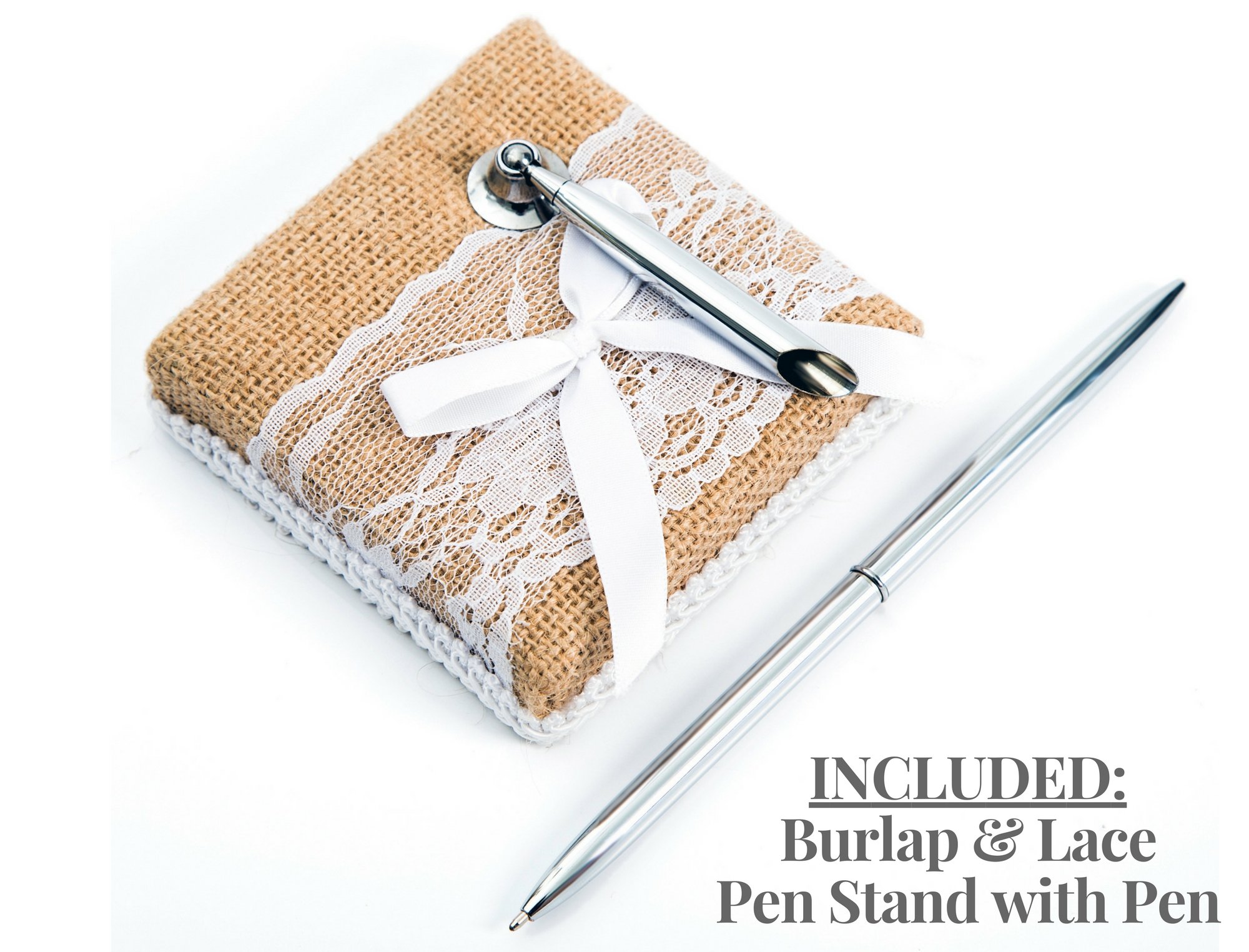 Elegant Rustic Wedding Guest Book with Burlap & Lace Cover - Includes Burlap Pen Holder & Silver Pen - 120 Lined Pages for Guest Messages - Comes in Gift Box (White Rose) - Perfect for Weddings, Anniversaries & Special Events