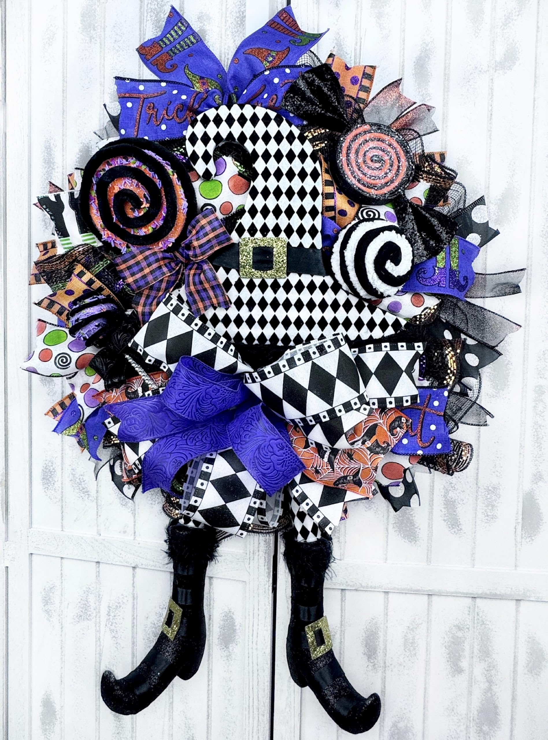 Handmade Halloween Witch Hat & Legs Wreath with Lollipop, Candy, Cake Pop, and Ball Ornament - Spooky Front Door Decor for Halloween Party, Trick or Treat, Home & Outdoor Halloween Decorations
