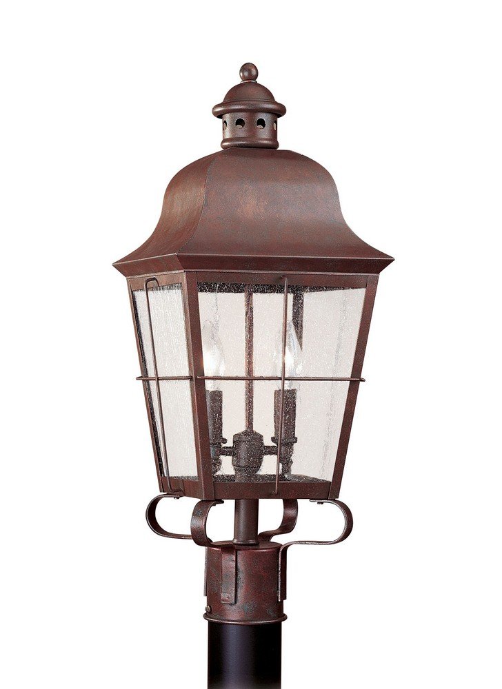 Sea Gull Lighting 8262-44 Chatham Two-Light Outdoor Post Lantern with Clear Seeded Glass Panels, Weathered Copper Finish, Brown - Elegant Outdoor Lighting for Porch, Garden, and Pathway Illumination