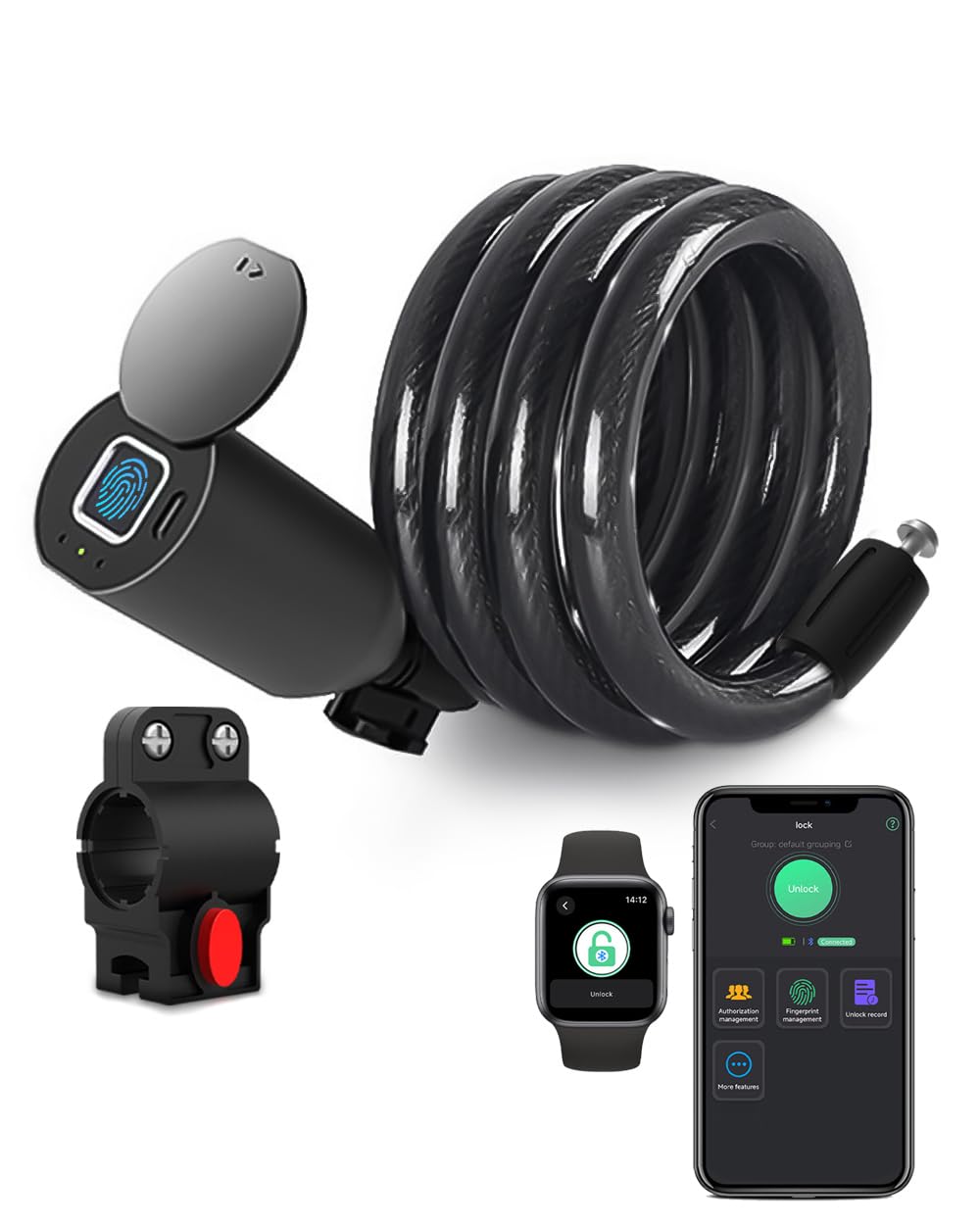 eLinkSmart Keyless Waterproof Bicycle Lock - 150cm Long Steel Cable Lock for Bike, Scooter, Motorcycle, Door, Fence & Gate - Fingerprint Unlock, Phone App Remote Control (iOS/Android Compatible) - Perfect for Urban Commuting, Outdoor Adventures & Home Security