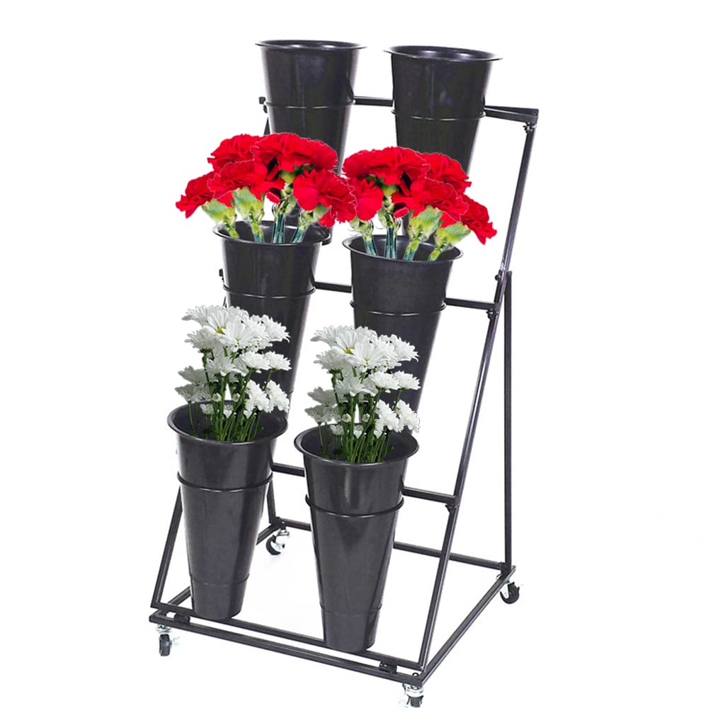 3-Tier Heavy Duty Rolling Flower Stand with 6 Black Buckets - Indoor/Outdoor Decorative Plant Display Cart for Cut Flowers, Florist, Garden & Patio - Perfect for Wedding Decor, Farmers Market & Home Gardening