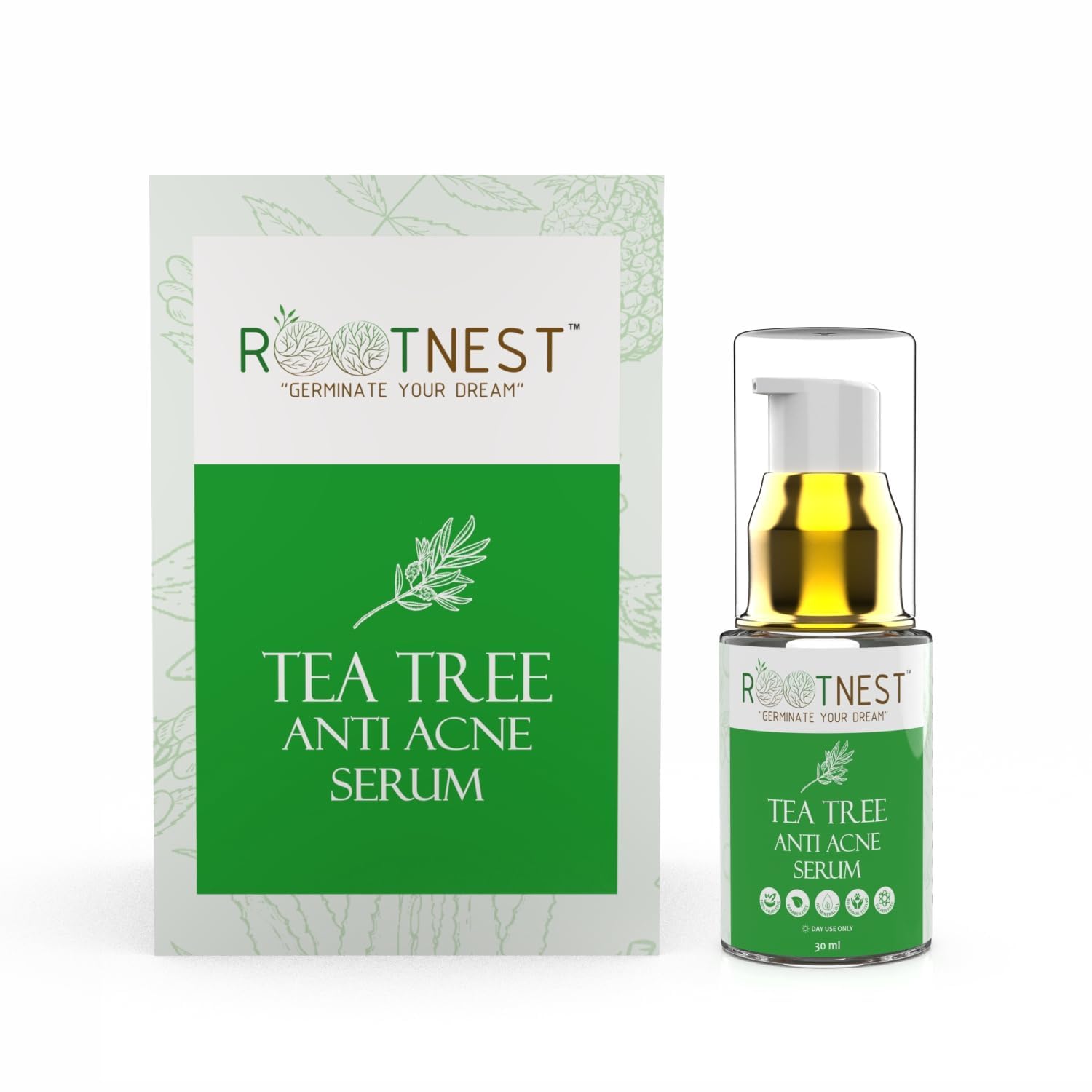 ROOTNEST Tea Tree Anti Acne Face Serum - Natural Ayurvedic Formula with Tea Tree Oil, Neem & Aloe Vera | Treats Pimples, Blackheads & Acne Breakouts | 30ml | Perfect for Oily & Acne-Prone Skin | Use Daily for Clear, Healthy Complexion