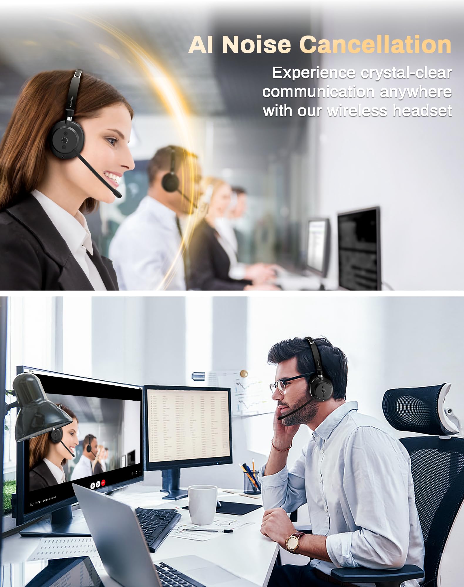 Bluetooth Wireless Headset with Microphone - Noise Cancelling Mono Headphones for PC, Laptop, Phone | USB Dongle & Bluetooth 5.3 | Ideal for Work, Zoom Meetings, Office Calls & Remote Working