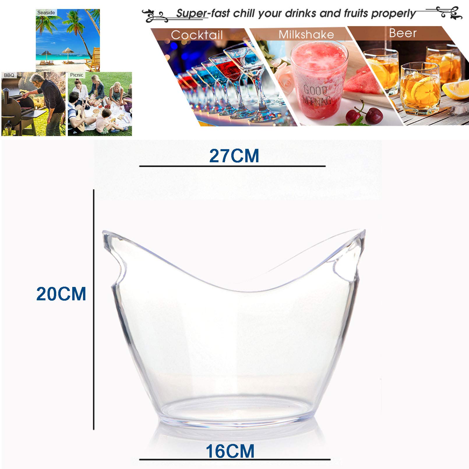 Clear Plastic Ice Bucket 3.5 Liter - Large Capacity Wine & Champagne Cooler - Beer Bottle Chiller for Parties, BBQs, Picnics & Outdoor Events - Durable Storage Tub for Indoor & Outdoor Use