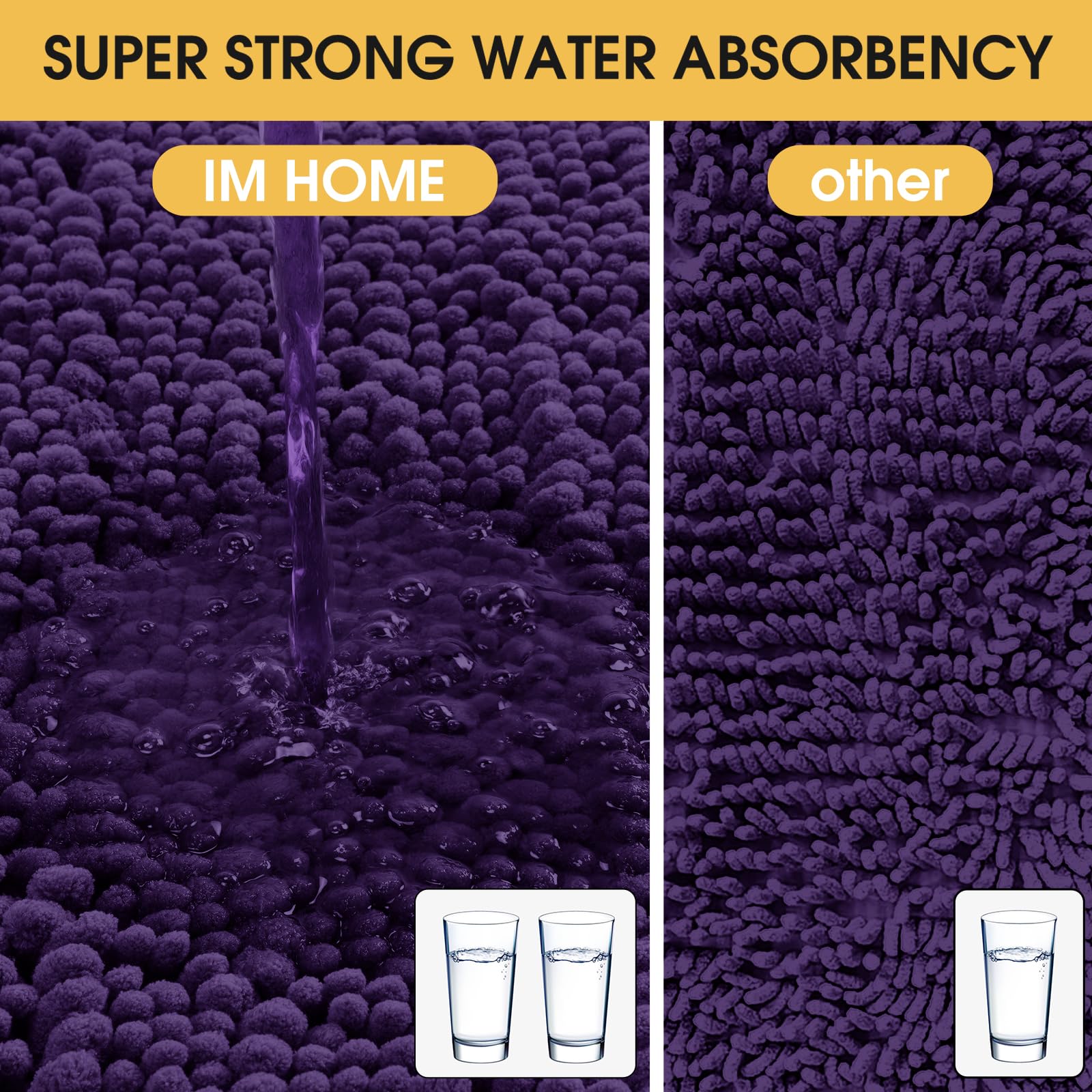 ACCUMTEK Extra Large Dark Purple Bathroom Rug Set - 3 Piece Ultra Soft, Thick Absorbent Non-Slip Chenille Bath Mats for Bathroom, Bedroom & Kitchen | Perfect for High Traffic Areas & Luxury Home Decor