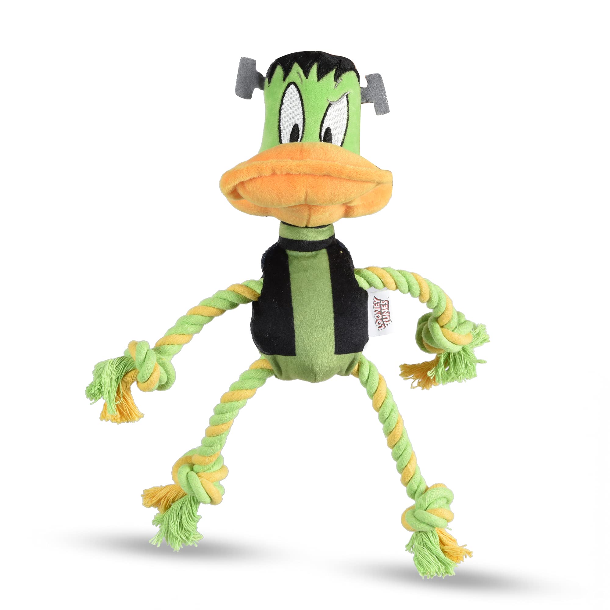 Looney Tunes Daffy Duck Plush Frankenstein Halloween Rope Pull Dog Toy - 9 Inch Squeaky Chew Toy for Small & Medium Dogs | Interactive Play, Training Reward & Halloween Pet Costume Accessory (FF16975)