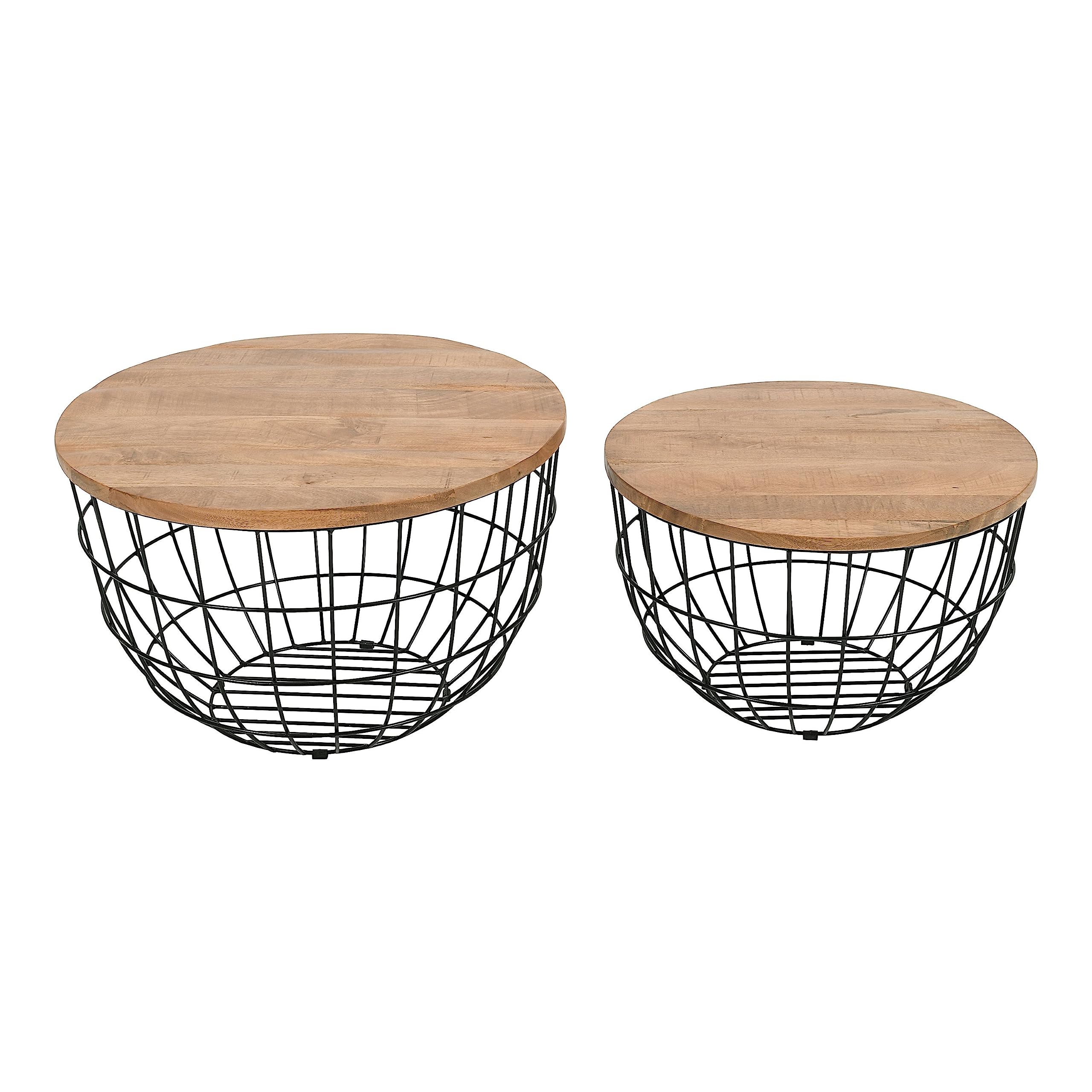 Jofran Rondo Nested Storage Coffee Table Set of 2 - Solid Wood & Metal Basket End Tables, Black - Perfect for Living Room, Office & Small Spaces