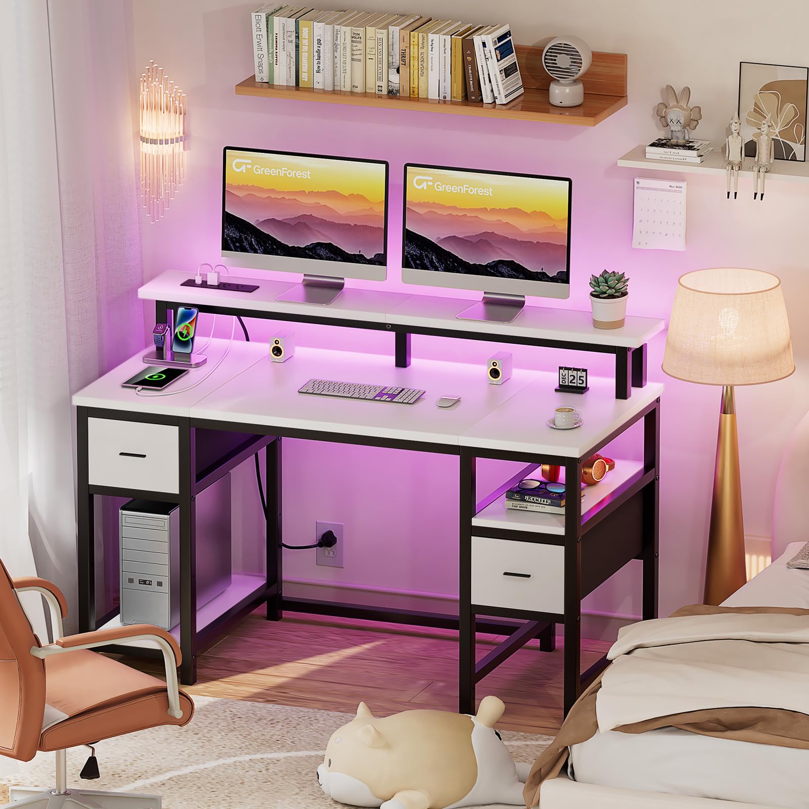 GreenForest 50 Inch Computer Desk with Monitor Stand, LED Lights & Power Outlets - Gaming & Office Desk with 2 Fabric Drawers & Shelves, White - Perfect for Home Office, Gaming Setup & Workspace Organization