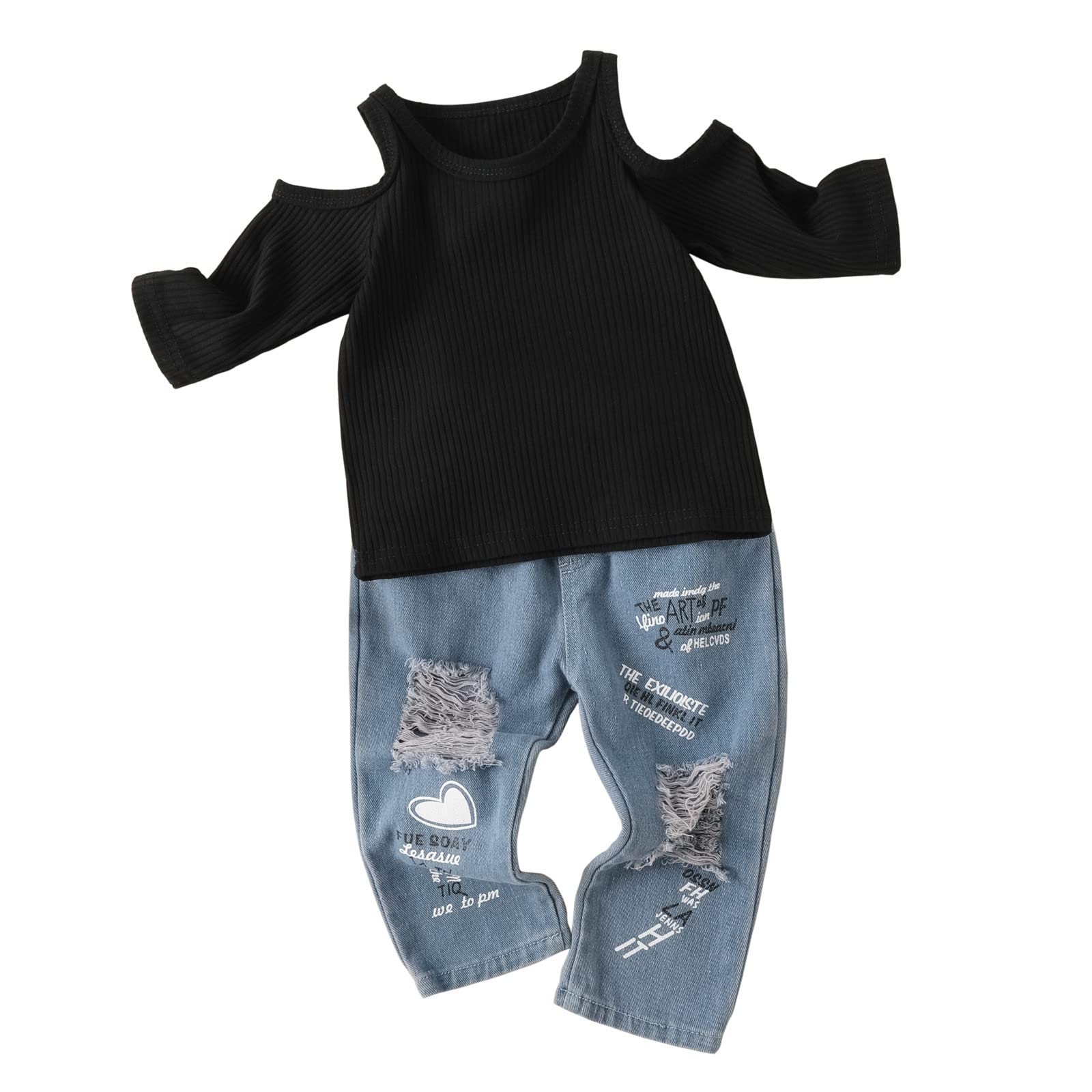 Toddler Girls Long Sleeve Ribbed T-Shirt & Distressed Denim Jeans Set - Cute Outfit for Baby Girls 1-3 Years | Playdates, Photos & Everyday Wear