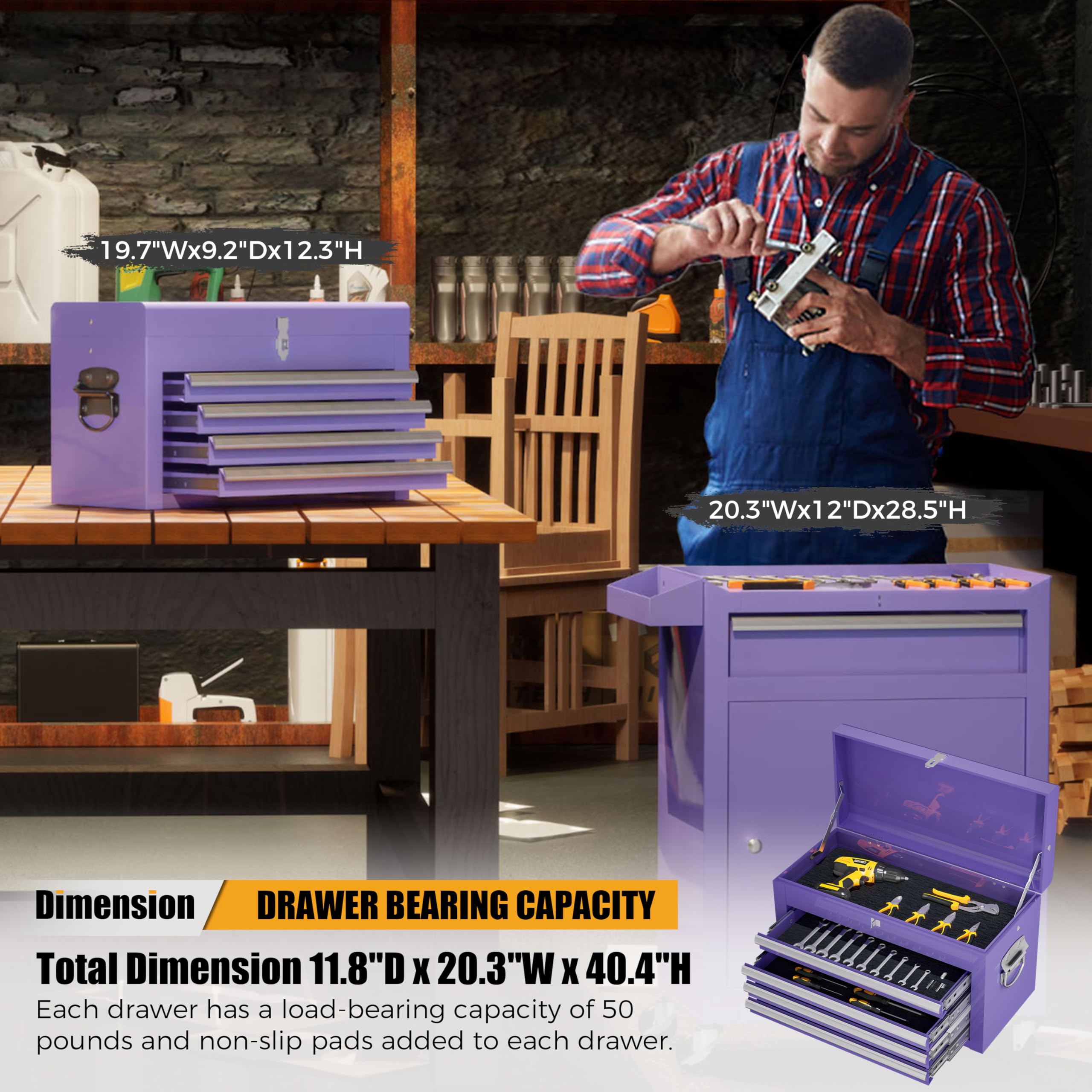 5-Drawer Rolling Tool Chest with Wheels & Lockable Top - Detachable Purple Metal Tool Cabinet for Garage, Warehouse, Workshop & Repair Shop - Perfect for Organizing Tools & DIY Projects