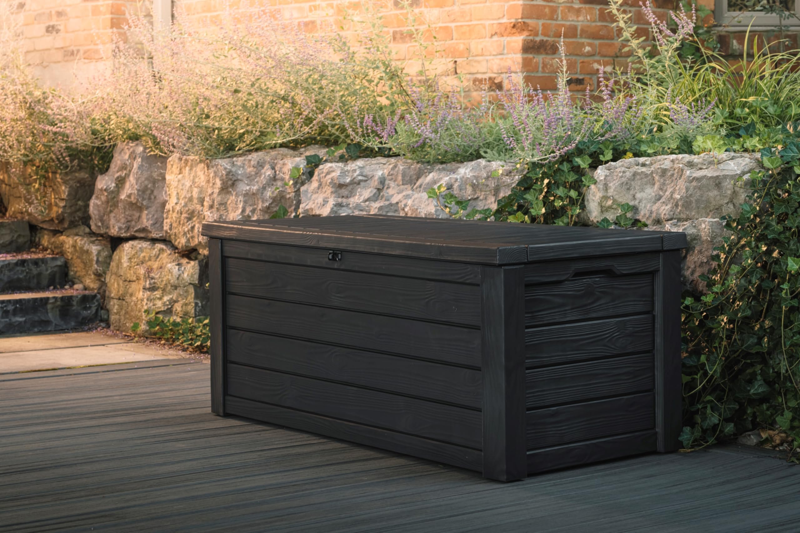 Keter 150 Gallon Outdoor Storage Deck Box - Waterproof Resin Patio Bin with Bench Seat - Dark Grey - Perfect for Backyard, Garden & Poolside Storage