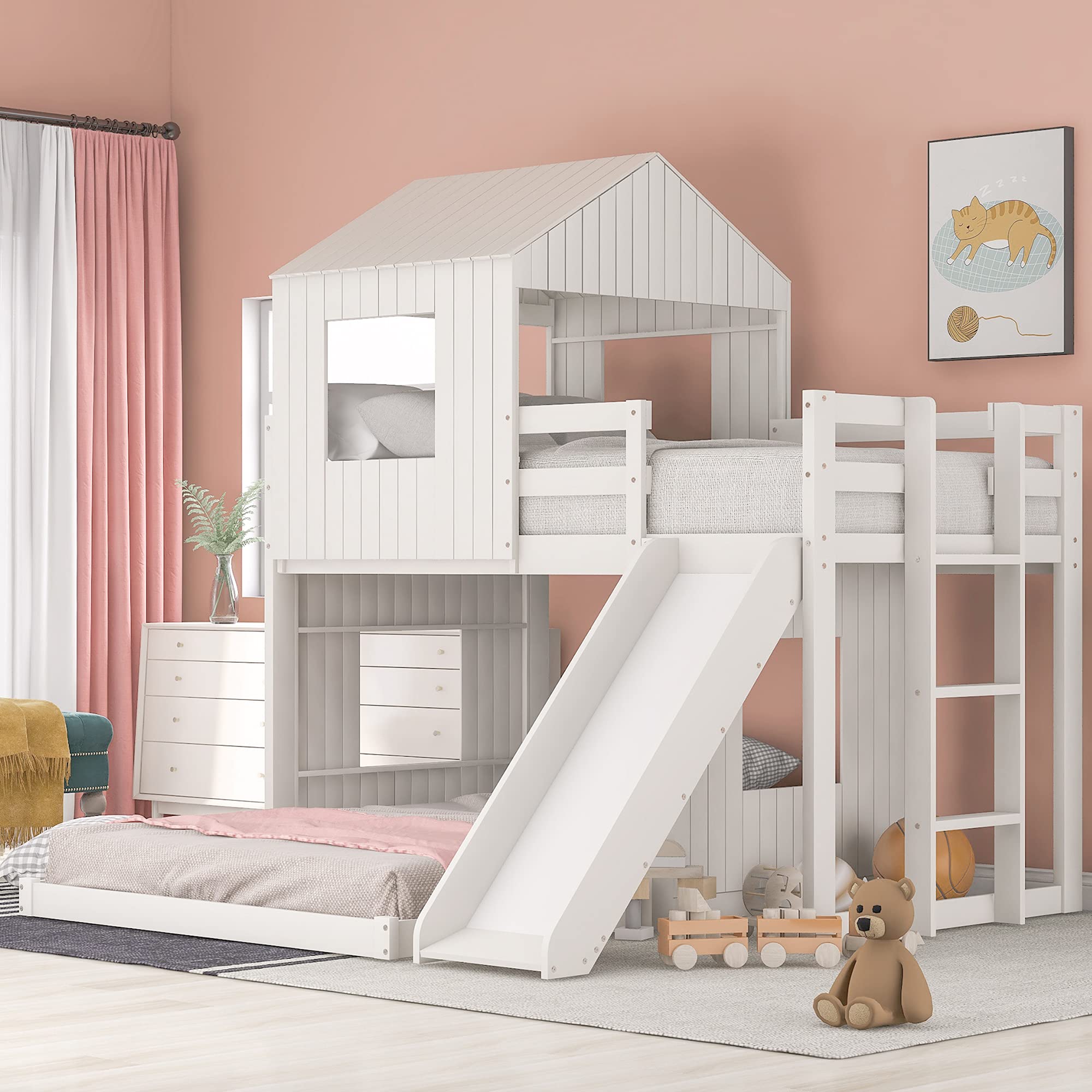 P PURLOVE Twin Over Full Bunk Bed with Slide - Wooden Loft Bed with Playhouse & Farmhouse Design - Kids Bunk Bed with Ladder & Safety Guardrails for Boys, Girls, Toddlers - Perfect for Small Bedrooms, Playrooms & Shared Kids' Spaces