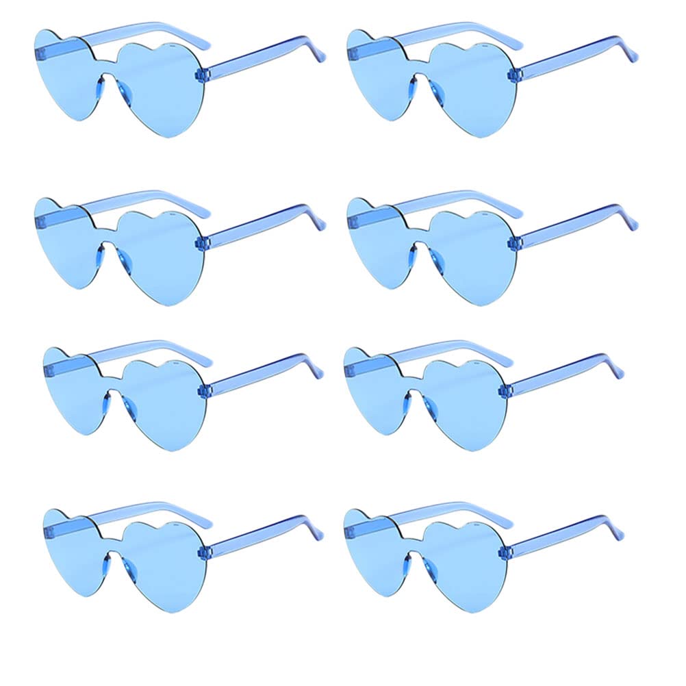 Abaodam 8 Pairs Heart Sunglasses - Rimless Heart Shaped Glasses, Transparent Candy Color Fashion Sunglasses for Women & Men - Perfect for Summer, Beach, Party Favors, and Outdoor Activities (Blue)