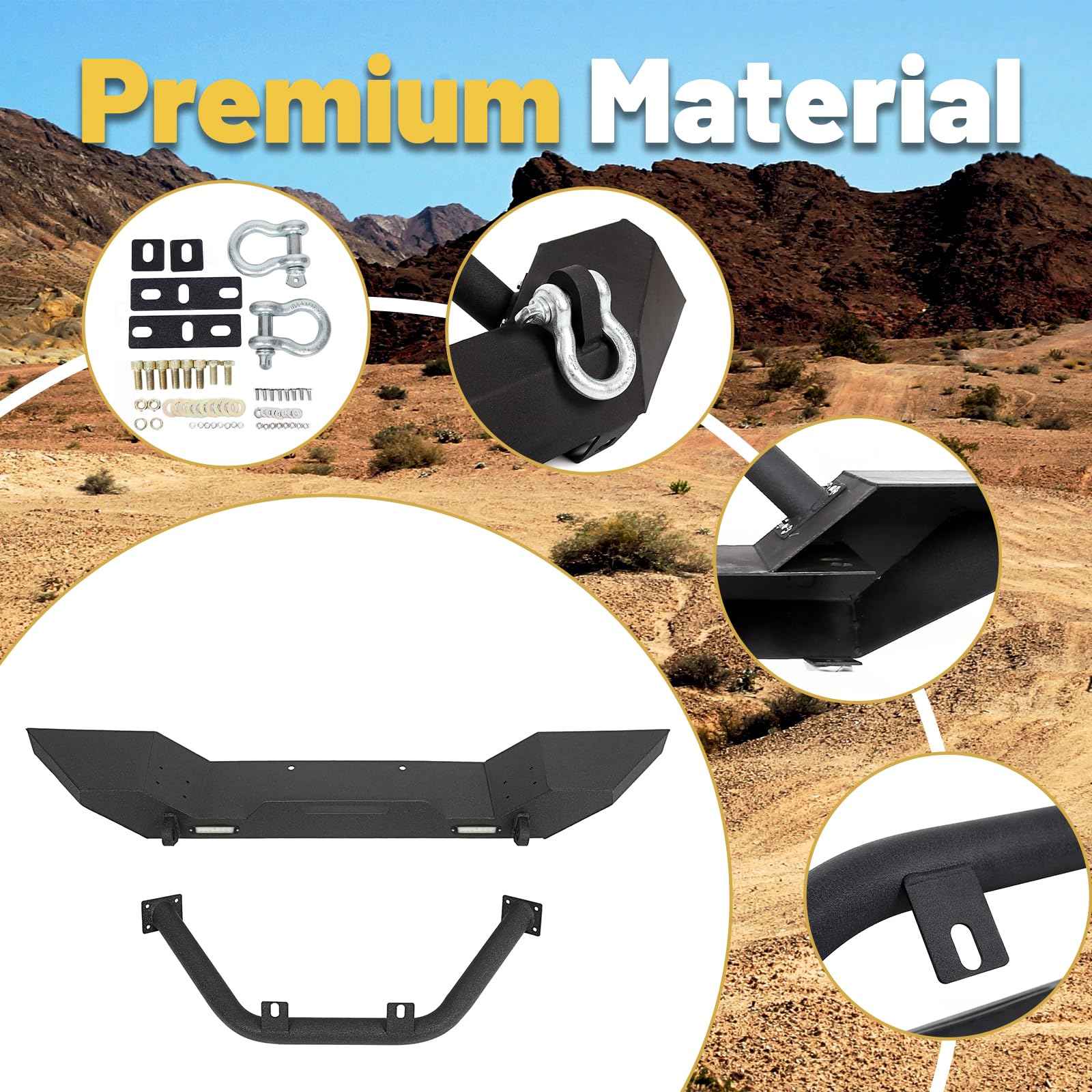 Heavy Duty ECOTRIC Front Bumper with Winch Plate & D-Ring for 1987-2006 Jeep Wrangler TJ YJ | 2 LED Lights | Black Rock Crawler Design | Off-Road Adventure & Trail Protection