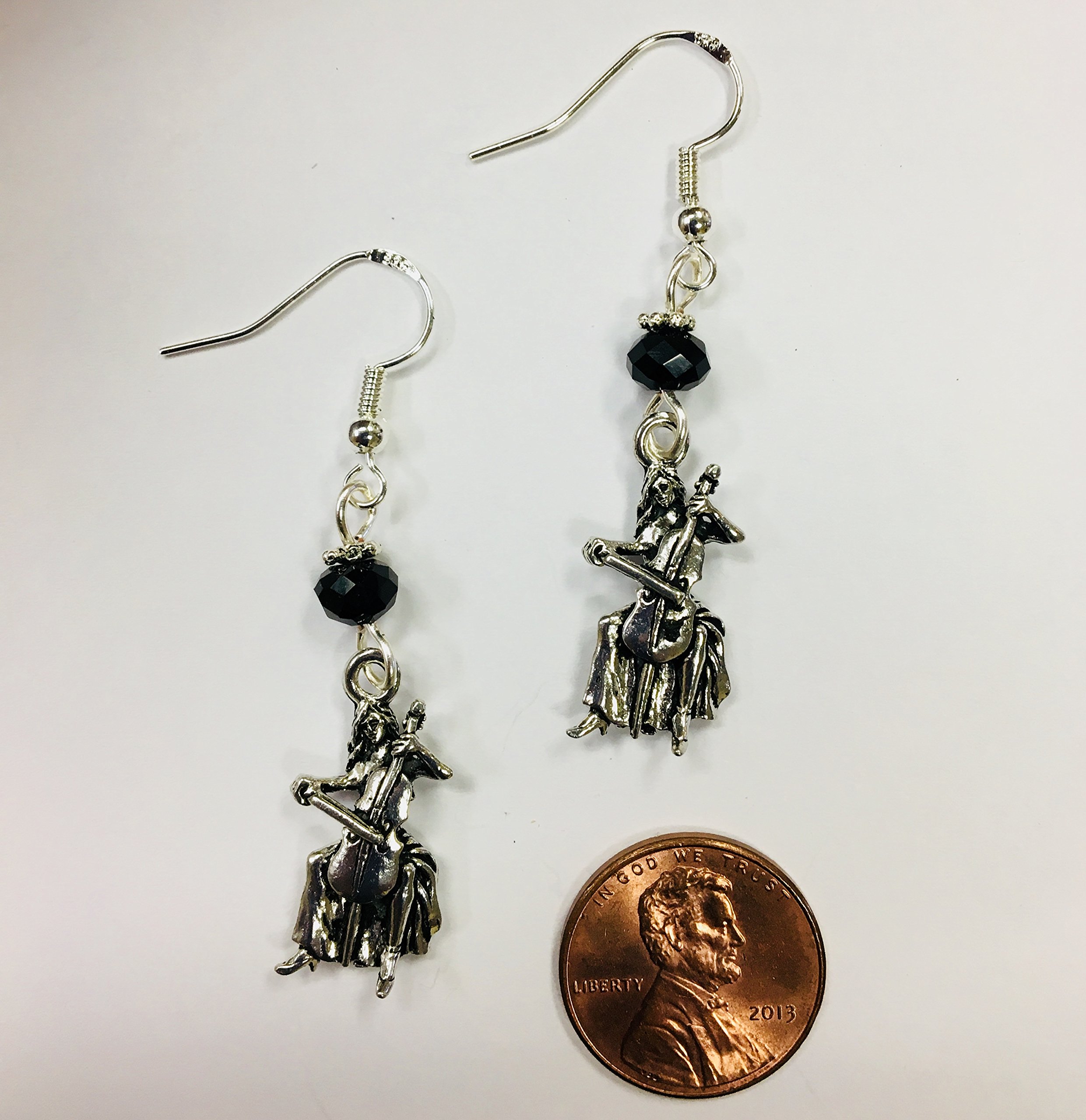 Elegant Cello Player Charm Earrings with Jet Crystal Beads - Sterling Silver Dangle Earrings for Musicians, Music Lovers & Orchestra Performers | Perfect Gift for Cellists & Classical Music Enthusiasts