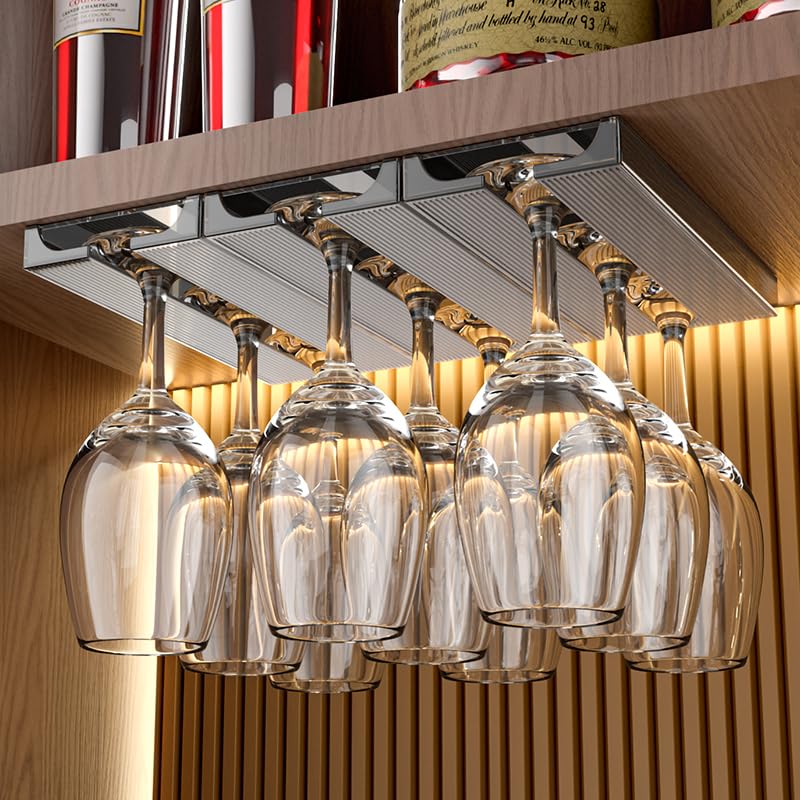 Premium Under Cabinet Wine Glass Rack - 2 Pack Space-Saving Hanging Storage for Stemware - Perfect for Kitchen, Home Bar & Restaurant Use (Elegant Gray)