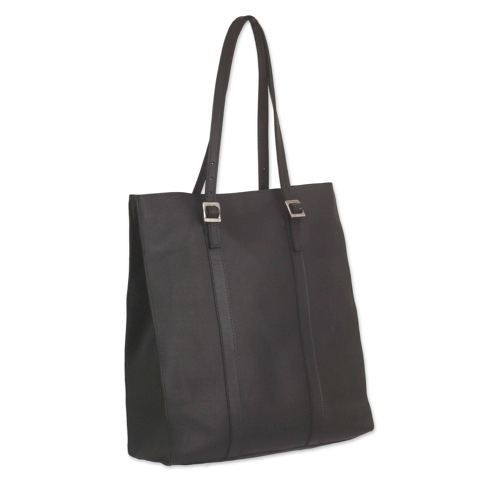 NOVICA Handmade Black Leather Tote Bag for Women - Stylish & Durable Market Chic Shoulder Bag - Perfect for Work, Travel & Shopping