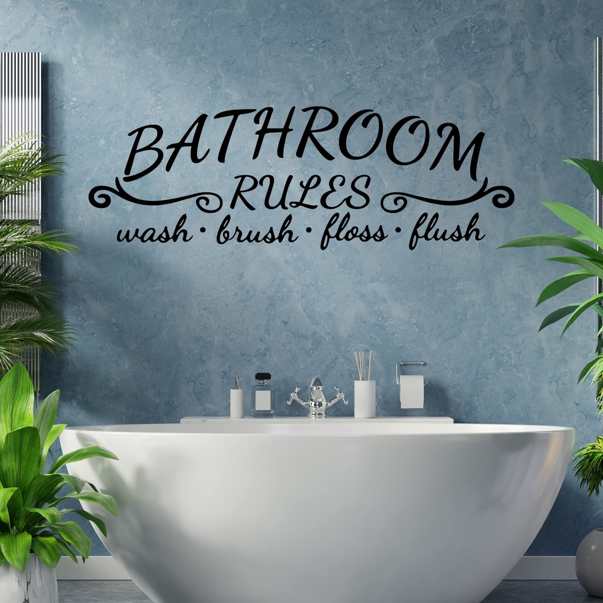 2 Pack Bathroom Wall Decals - Vinyl Stickers with Bathroom Rules: WASH BRUSH FLOSS FLUSH & SOAK RELAX ENJOY BUBBLE - Easy Peel and Stick Removable Decor for Washroom, Toilet, and Spa-Like Atmosphere