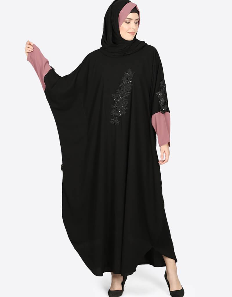 Stylish Arabic Patch Contrast Cuff Black Kaftan - Elegant Embroidered Long Dress for Women - Perfect for Eid, Weddings & Special Occasions