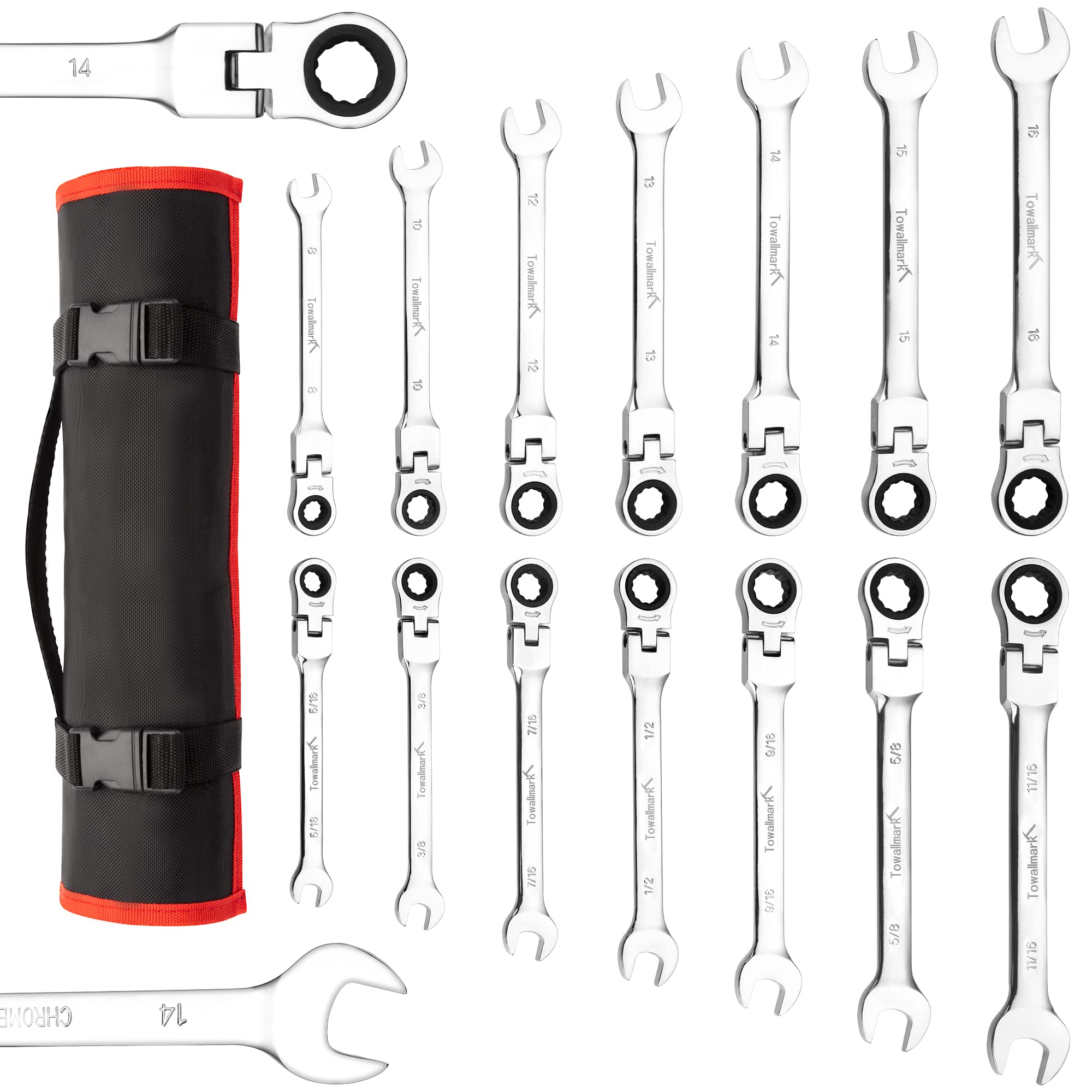 Towallmark 14-Piece Flex-Head Ratcheting Wrench Set - SAE 5/16