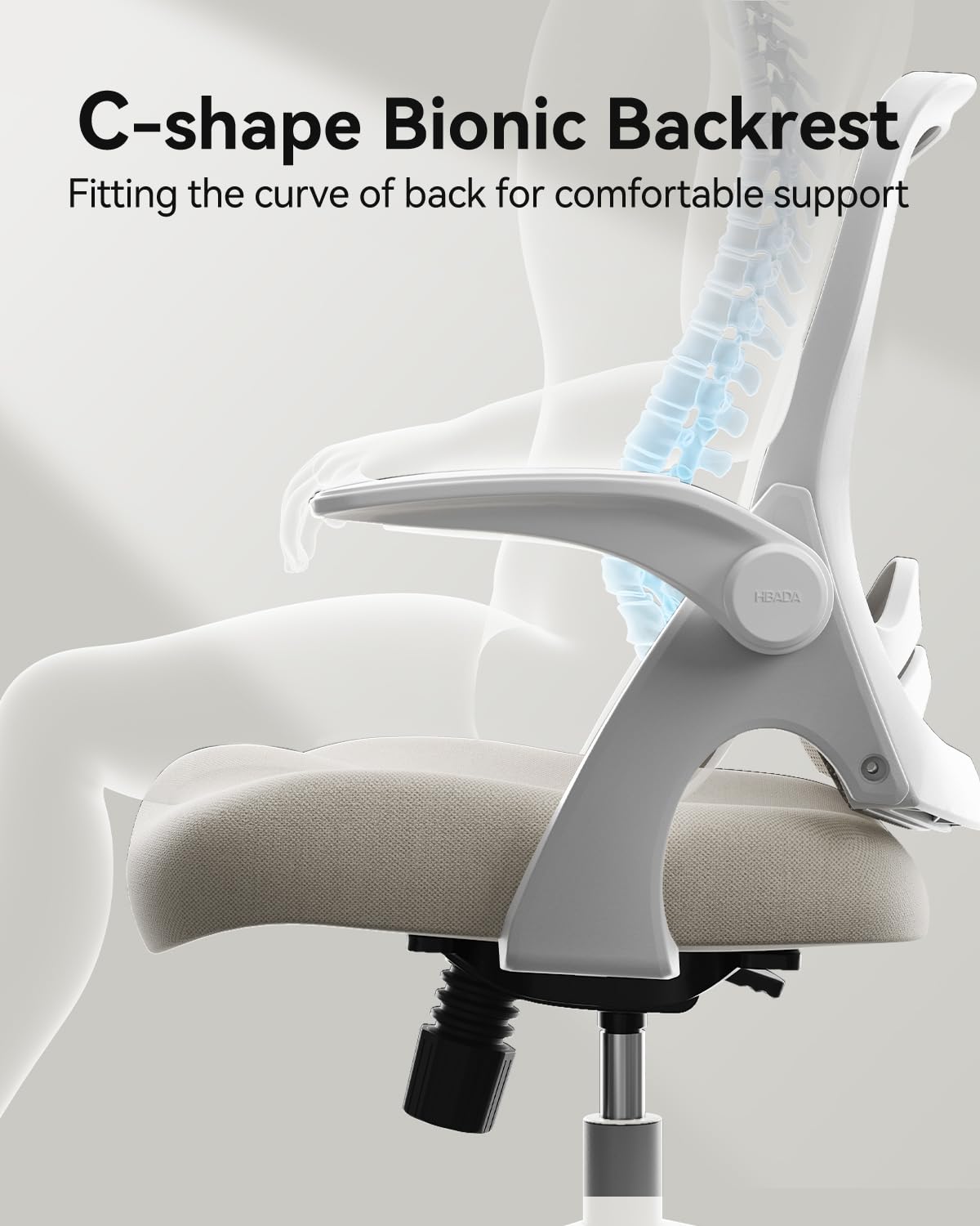 Hbada Ergonomic Office Chair with Flip-Up Armrests & Saddle Cushion - Adjustable Swivel Mesh Desk Chair with S-Shaped Backrest, Grey - Perfect for Home Office, Gaming & Workspace Comfort